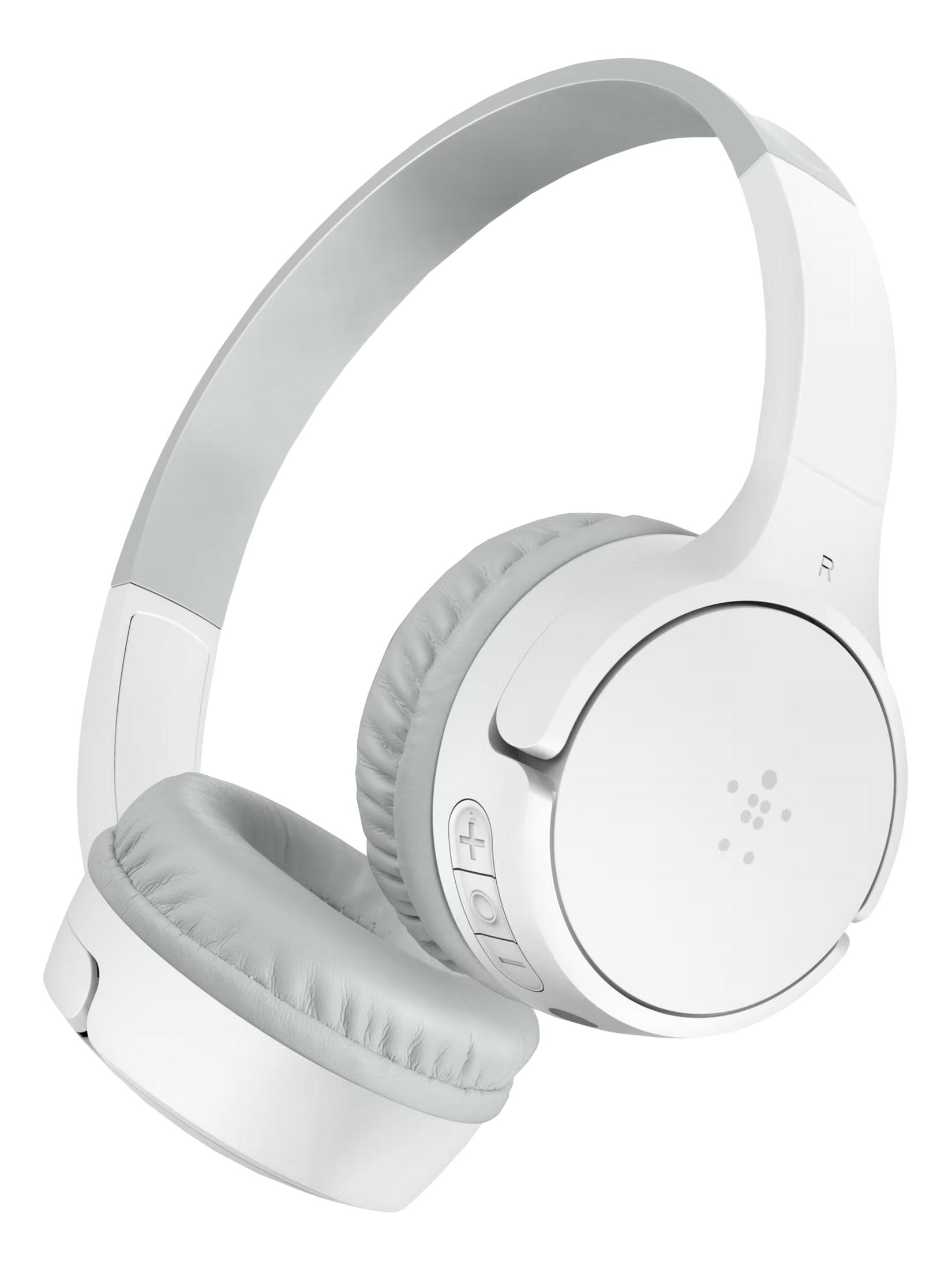 Białe słuchawki z wyściełanymi nausznikami i srebrnym pałąkiem.