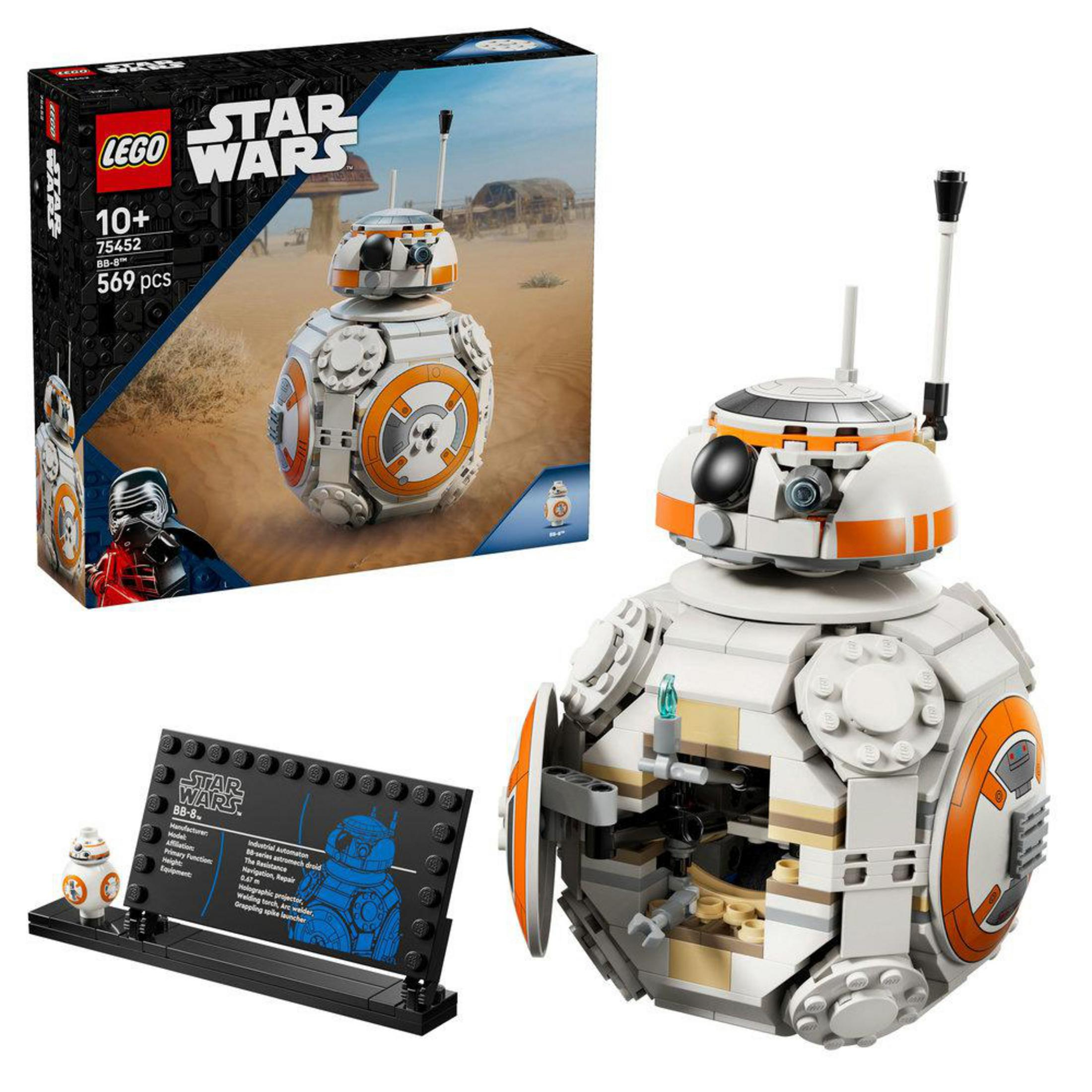 Zestaw Lego Star Wars BB-8 z dużym modelem, małą figurką i tablicą informacyjną.