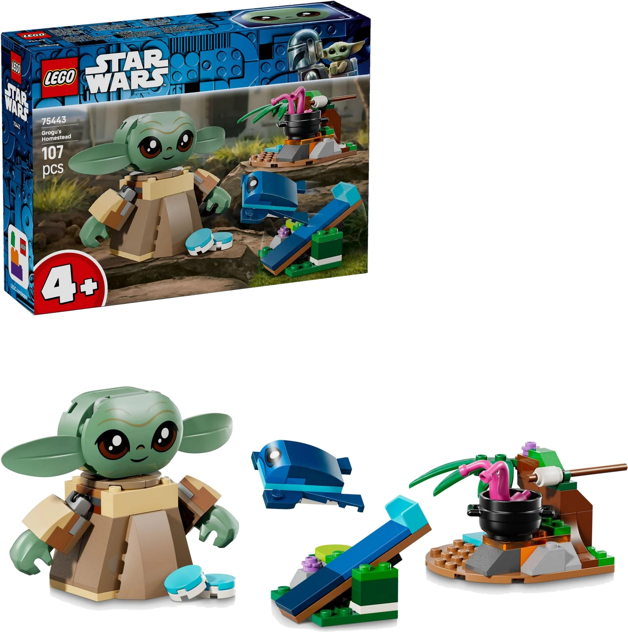 Zestaw LEGO Star Wars z Grogu, miejscem do gotowania i niebieskim stworzeniem.