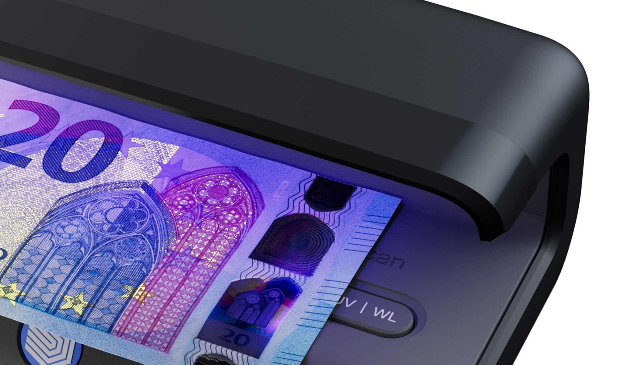 Ein 20-Euro-Schein wird unter einem UV-Lichtgerät geprüft. Sicherheitsmerkmale leuchten.