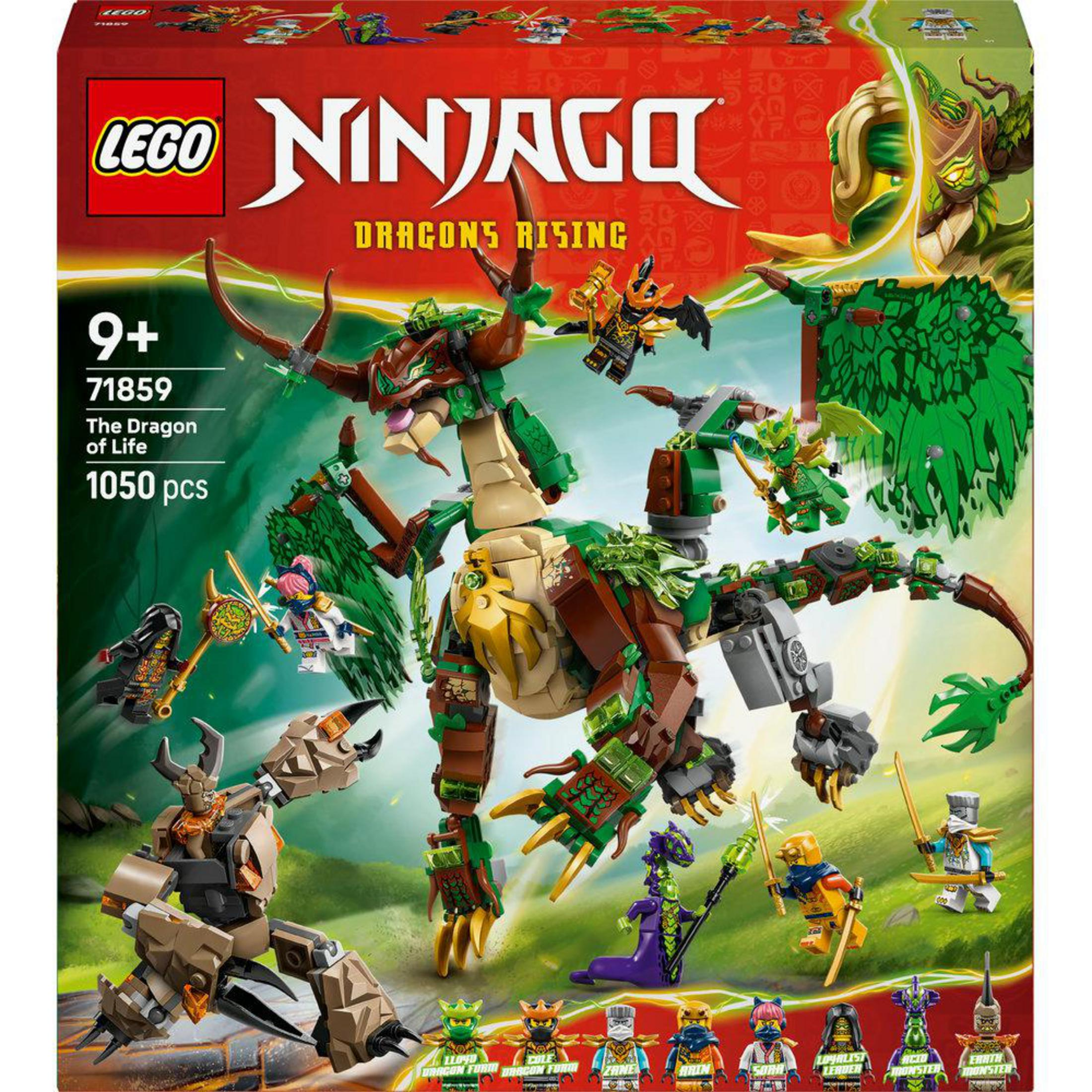 Pudełko Lego Ninjago z smokami, figurkami i drzewami. Wiek 9+.