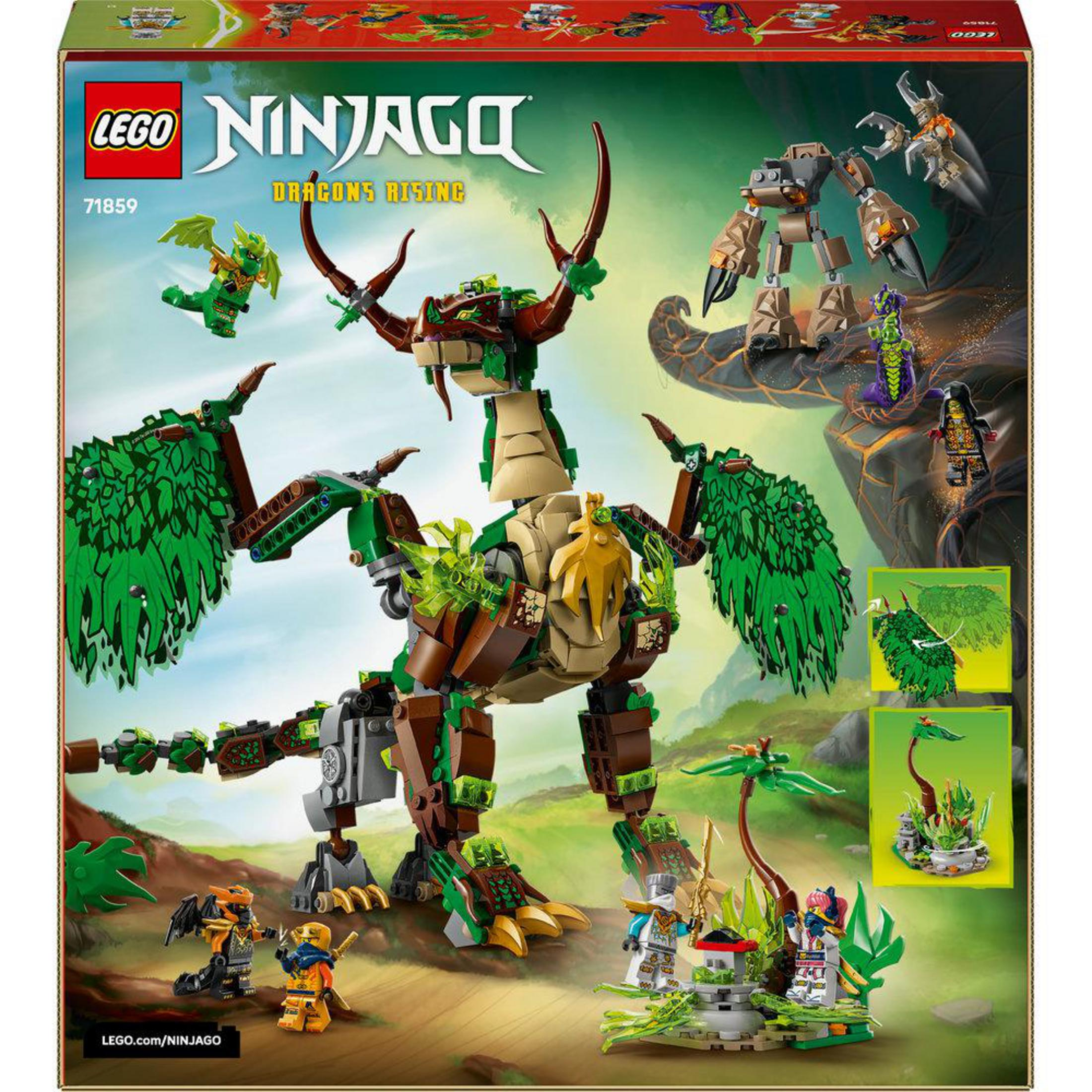 Pudełko LEGO Ninjago: duży zielono-brązowy smok, ninja i walka mecha.