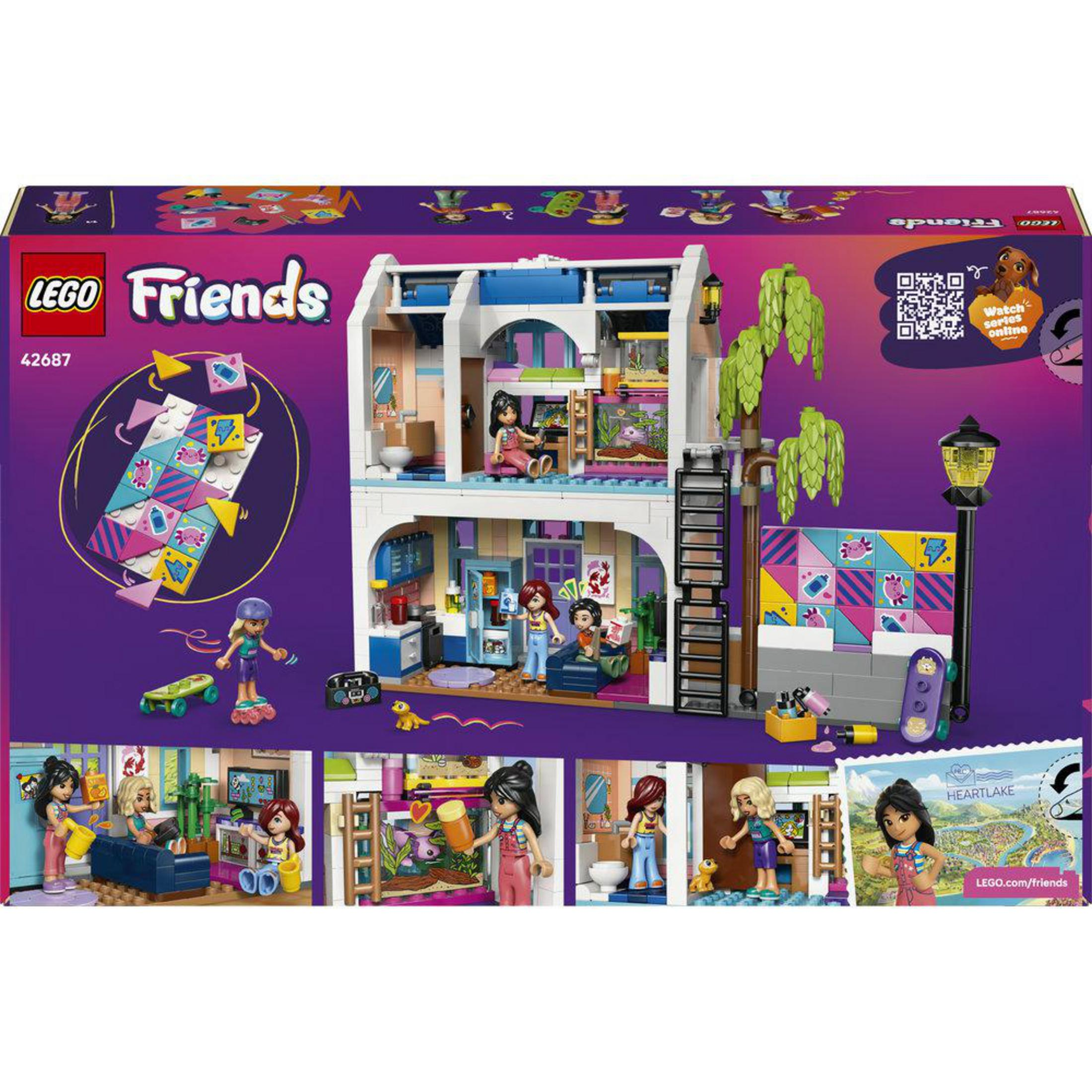 Juguete Lego Friends con coloridos bloques de construcción y figuras en una casa.