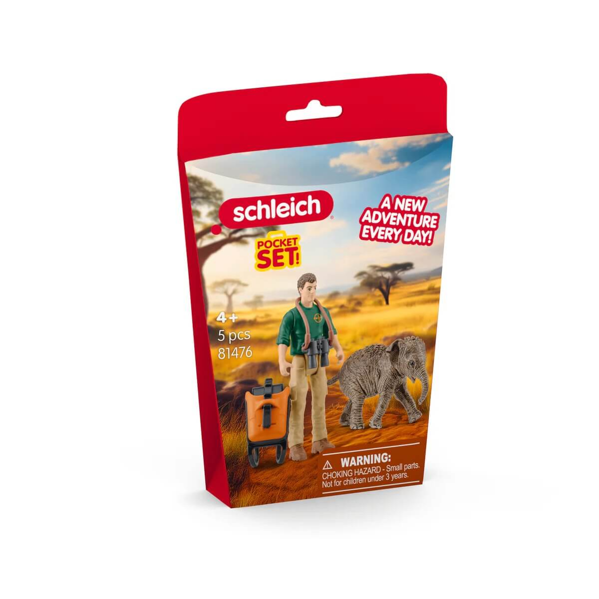 Set da gioco safari Schleich con elefante e figura esploratore in scatola.
