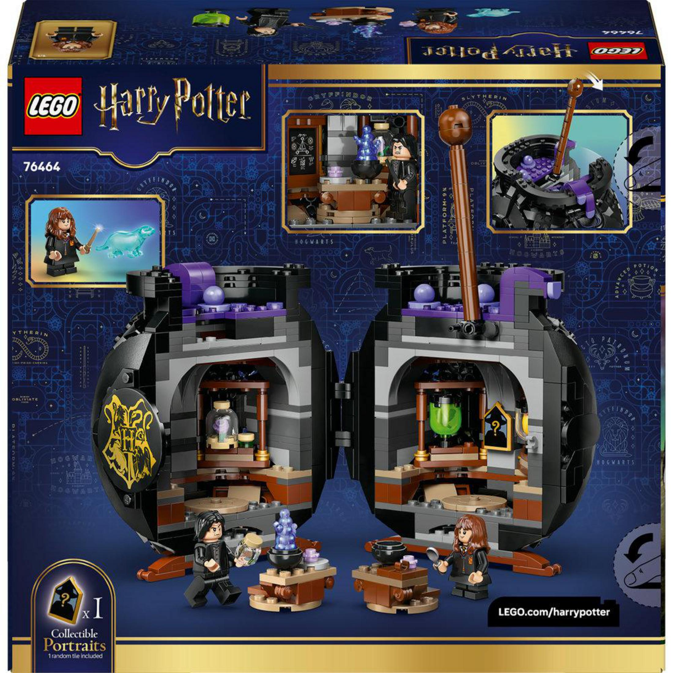 Pudełko z zabawkami LEGO Harry Potter z minifigurkami i kociołkiem.