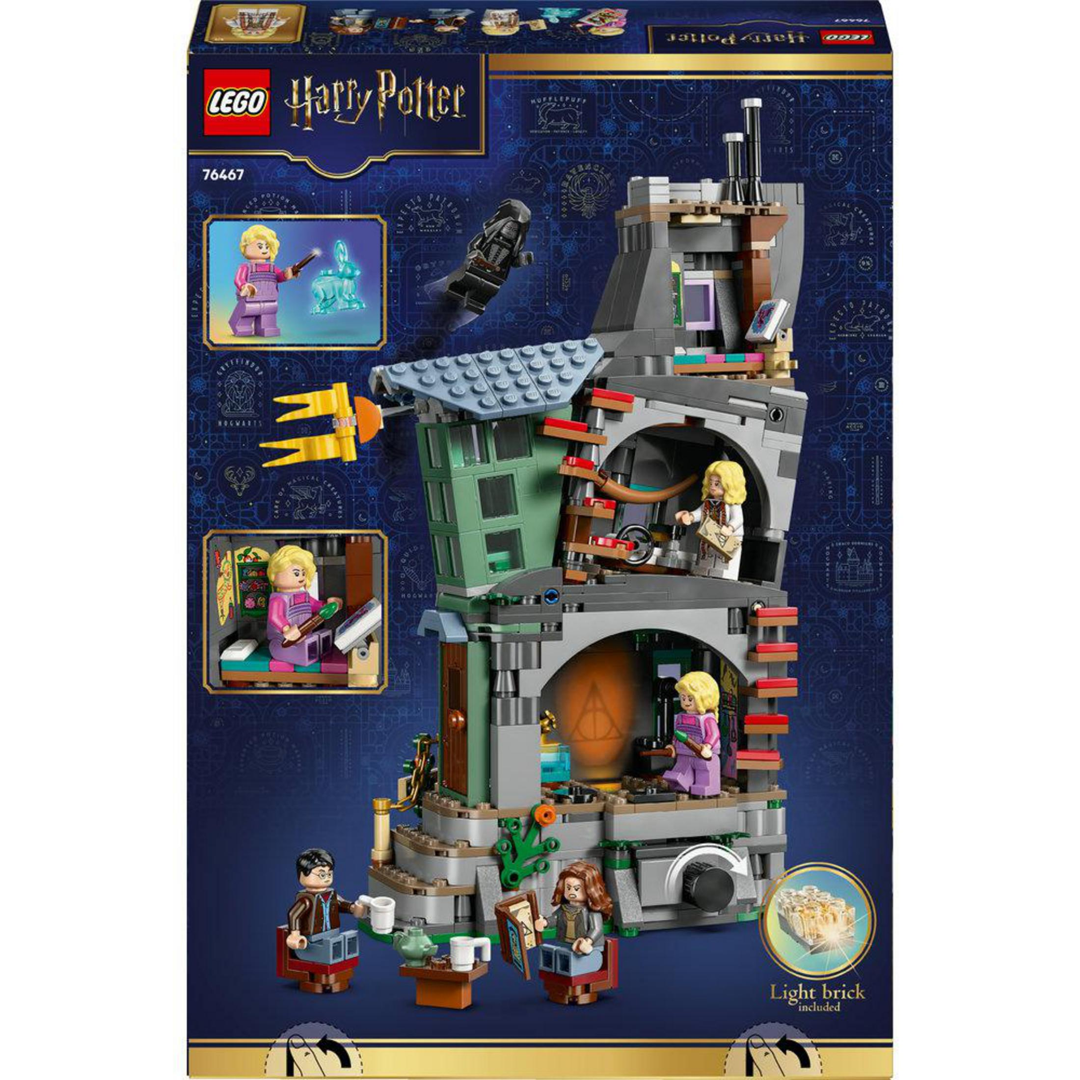 Zestaw LEGO Harry Potter z figurkami przed szczegółowym budynkiem.