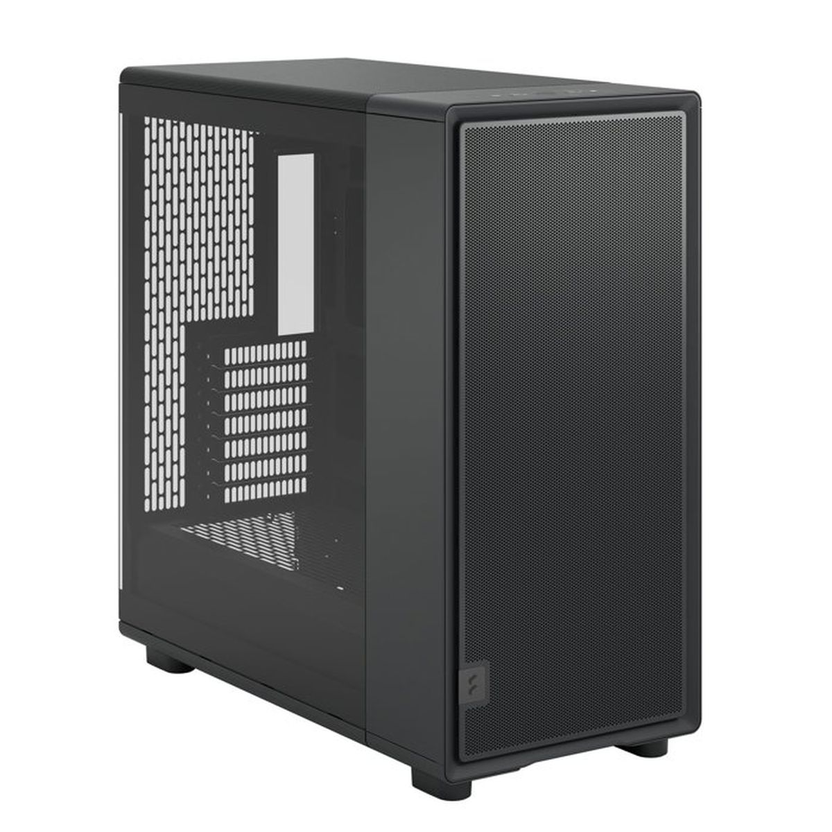Case PC nero con pannello laterale in vetro e frontale forato.