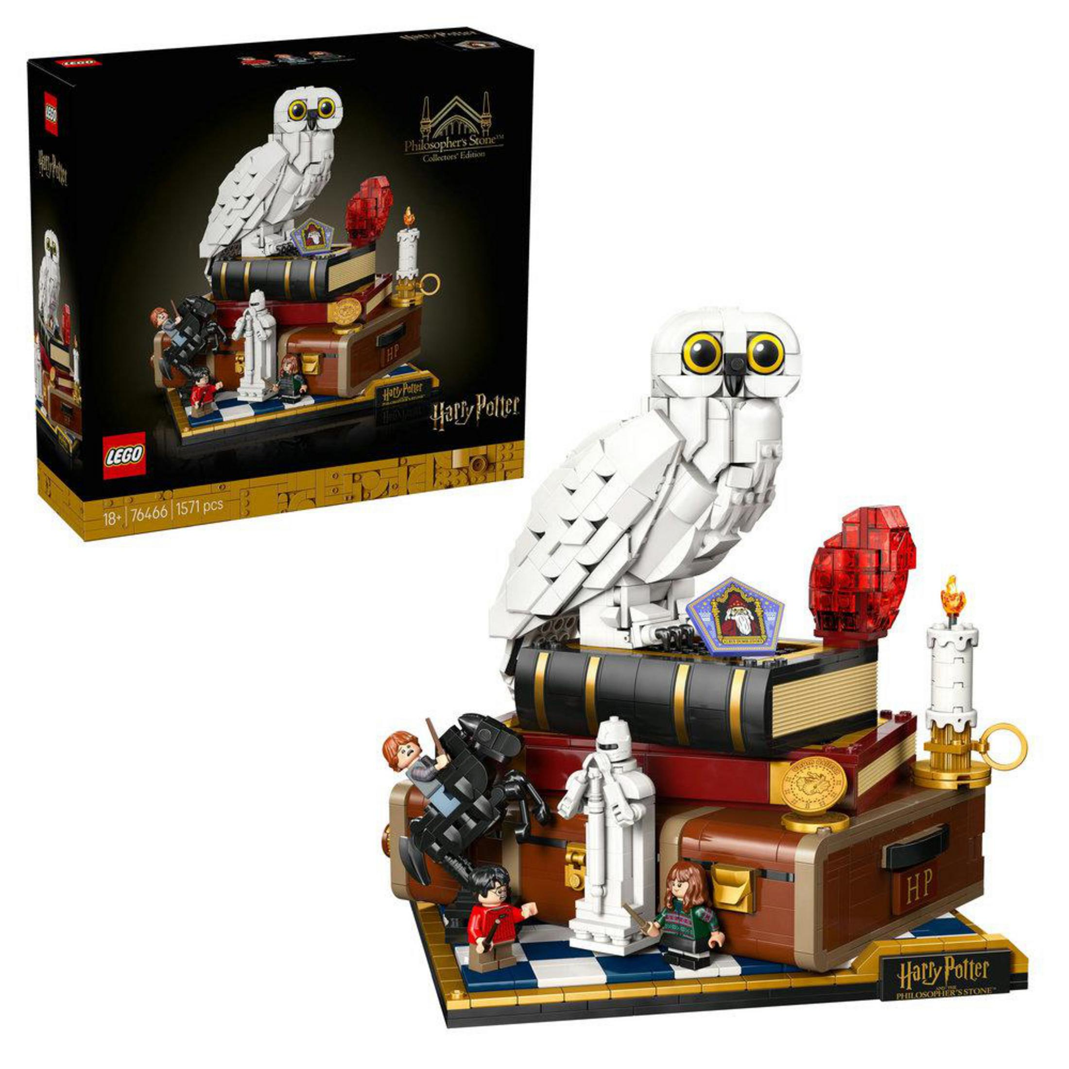 Zestaw LEGO Harry Potter z sową, książkami, figurkami i szachownicą.