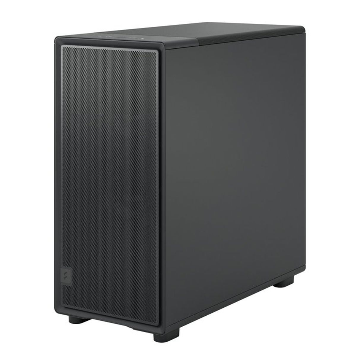 Un case per computer nero con frontale ventilato e quattro piedini.
