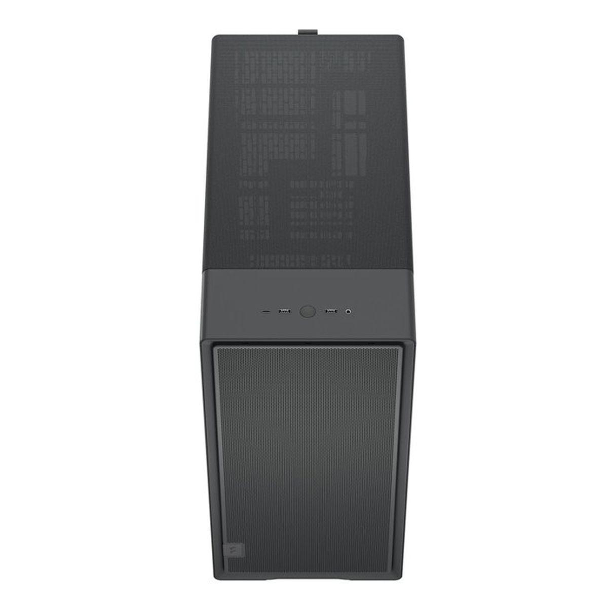 Una torre del computer nera con pannello frontale e superiore in rete e pannello di controllo.