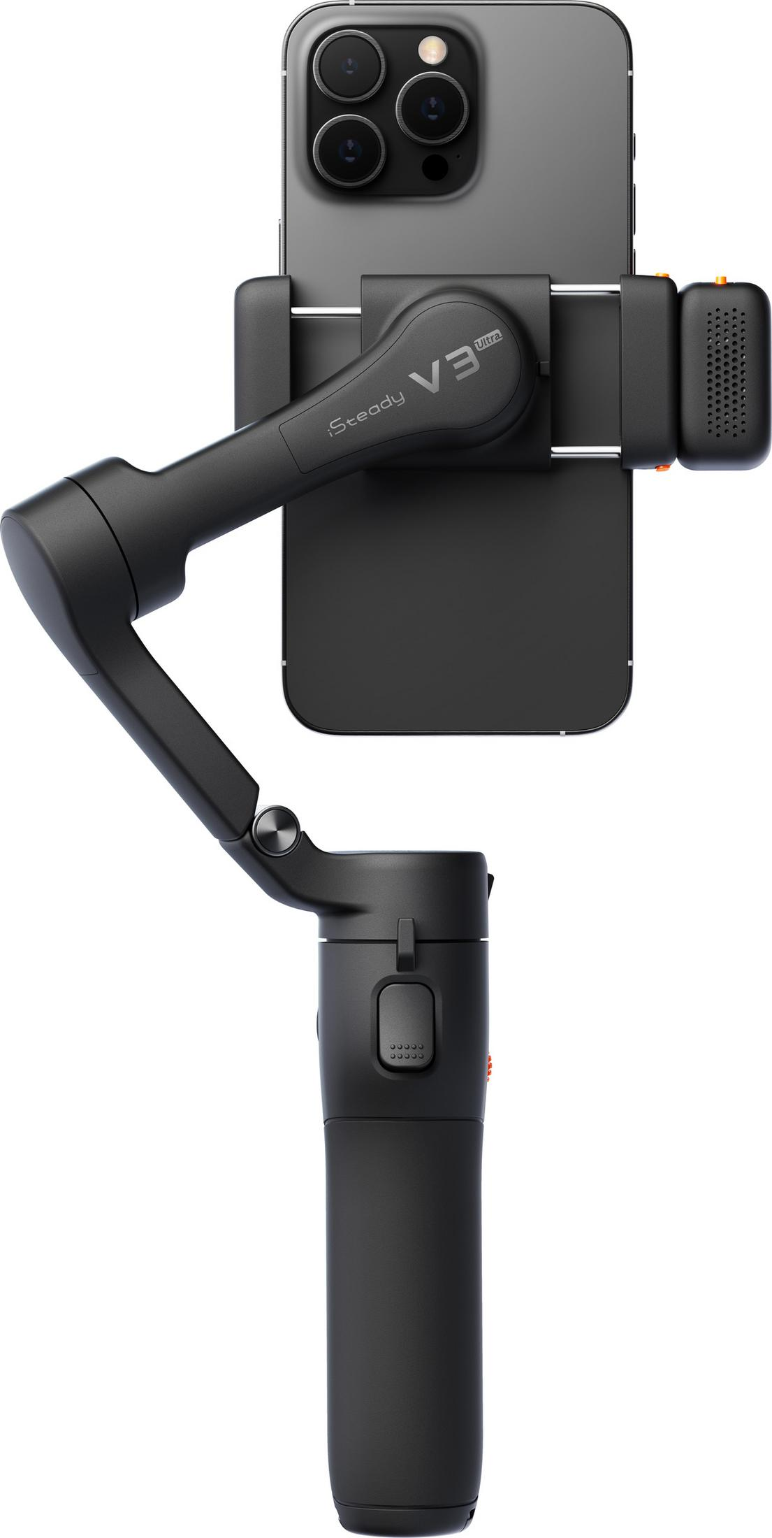 Un cardan noir pour smartphone tenant un téléphone, avec le texte 'Steady V3 Ultra'.