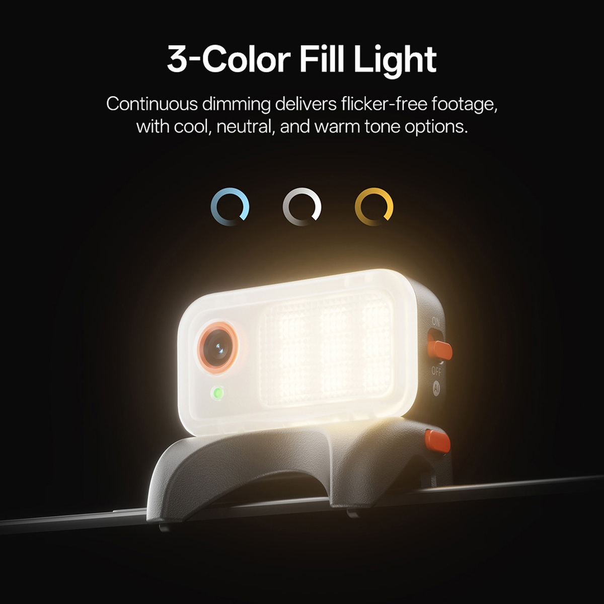 Une unité de lumière de remplissage blanche avec objectif de caméra et icônes.