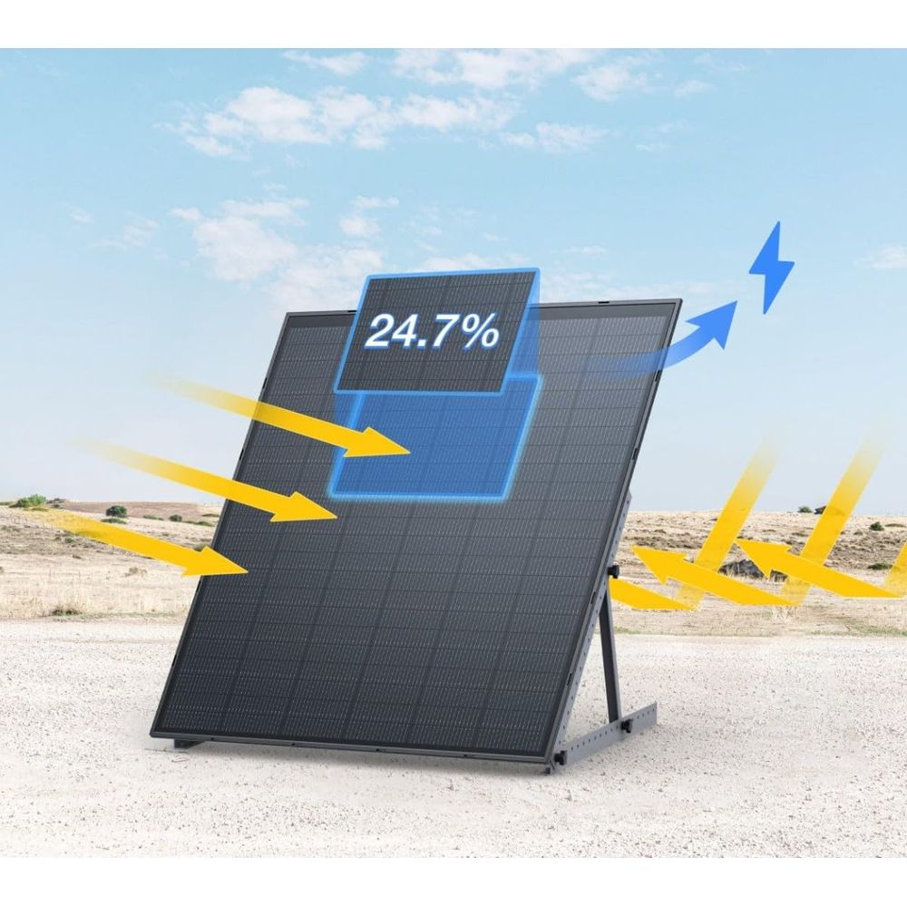Un panel solar que muestra 24,7% de eficiencia al aire libre.