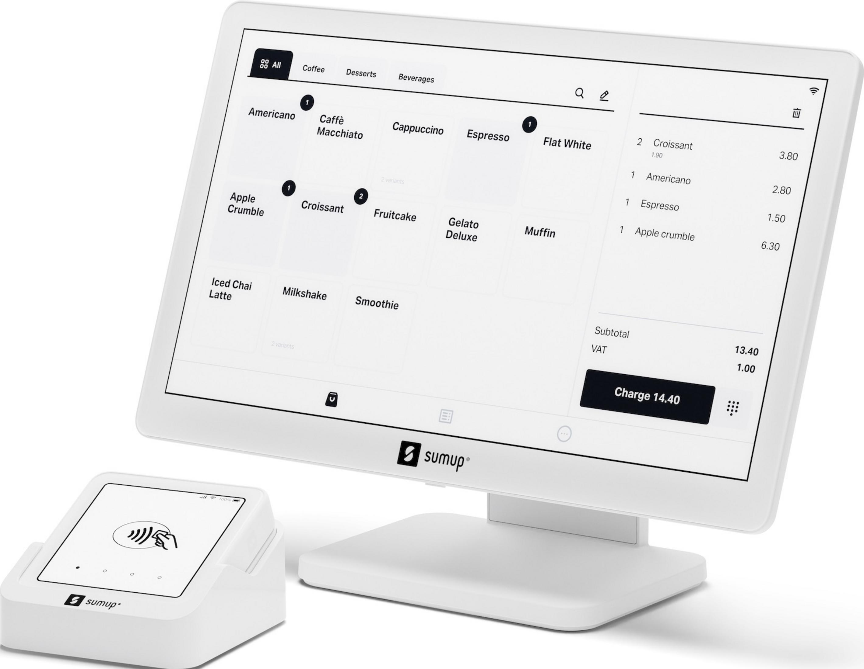 Un sistema TPV blanco con pantalla táctil y lector de tarjetas. Opciones de menú visibles.