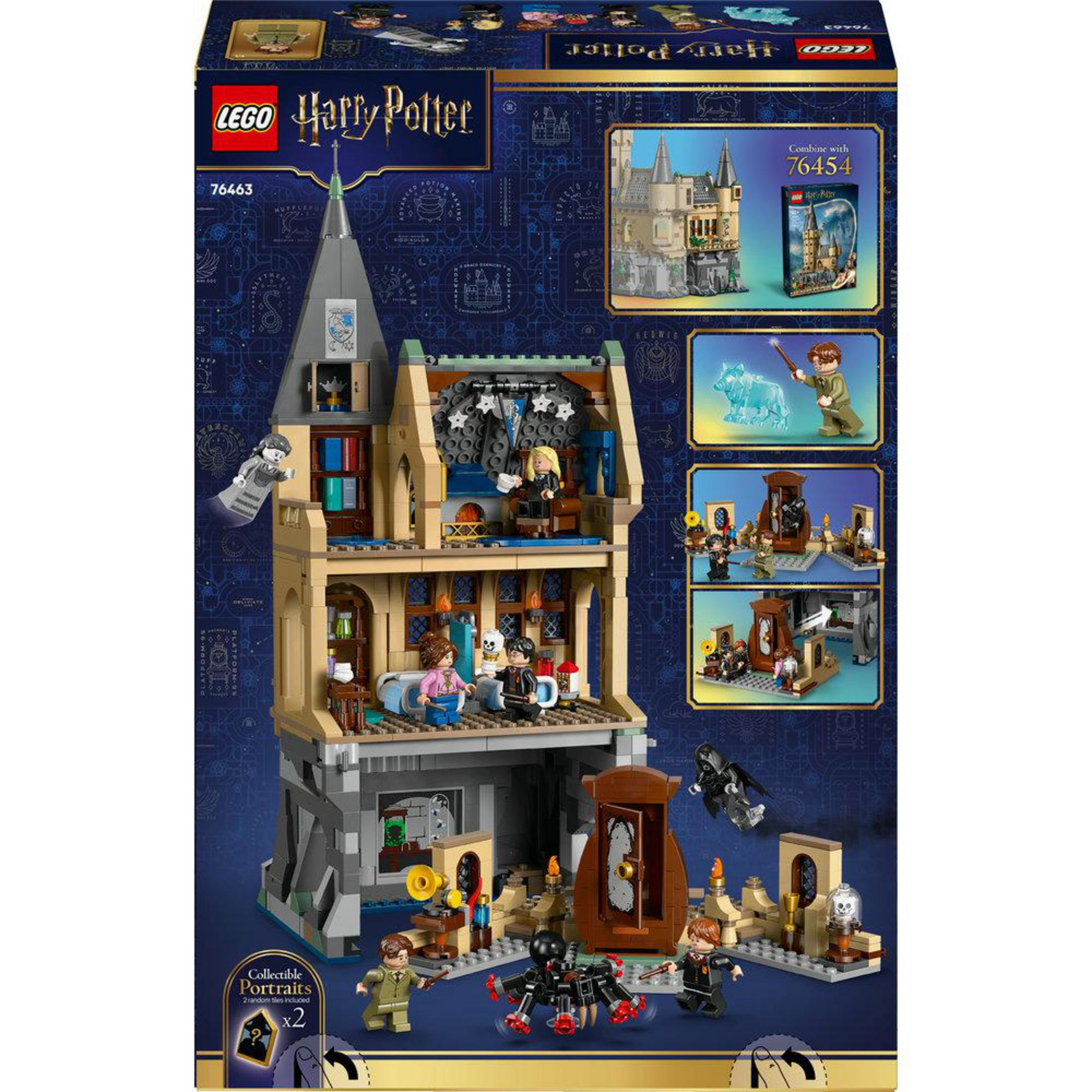 Zestaw LEGO Harry Potter z zamkiem, figurkami, pająkiem i portretami kolekcjonerskimi.
