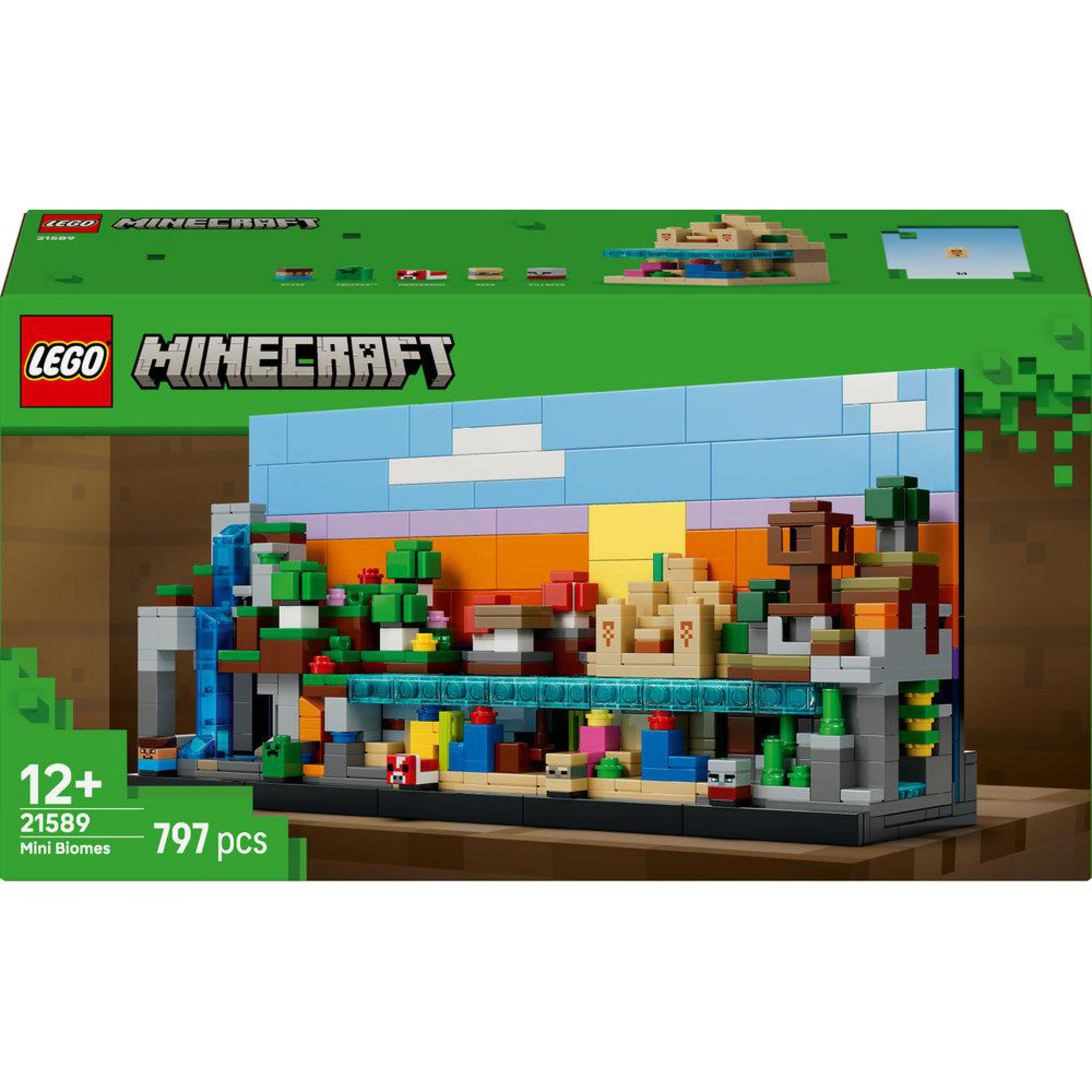 Zestaw LEGO Minecraft Mini Biomes z kolorowymi klockami, drzewami, wodospadem i strukturami.