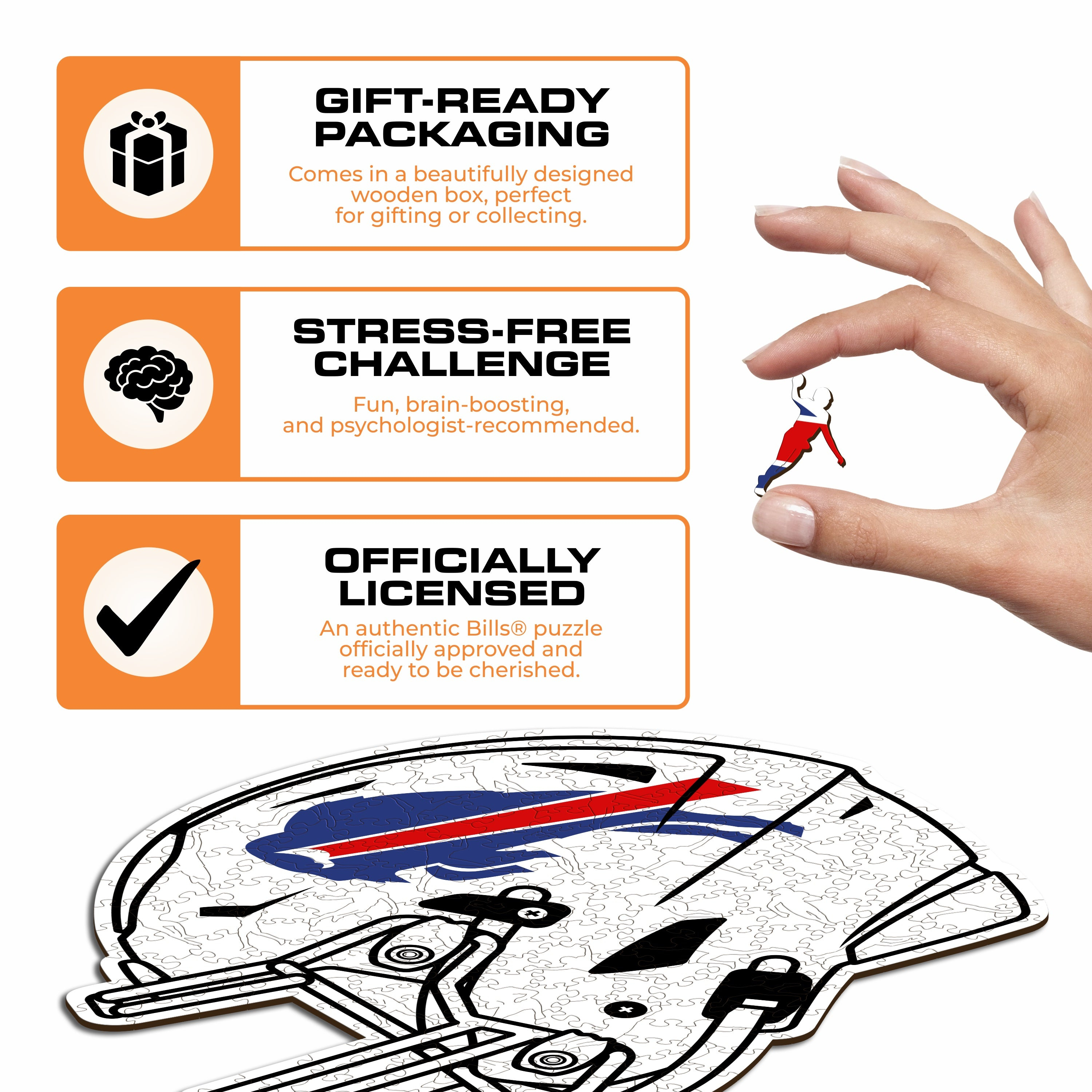 Ein Puzzle eines Footballhelms mit dem Logo der Buffalo Bills. Eine Hand hält eine kleine Figur.
