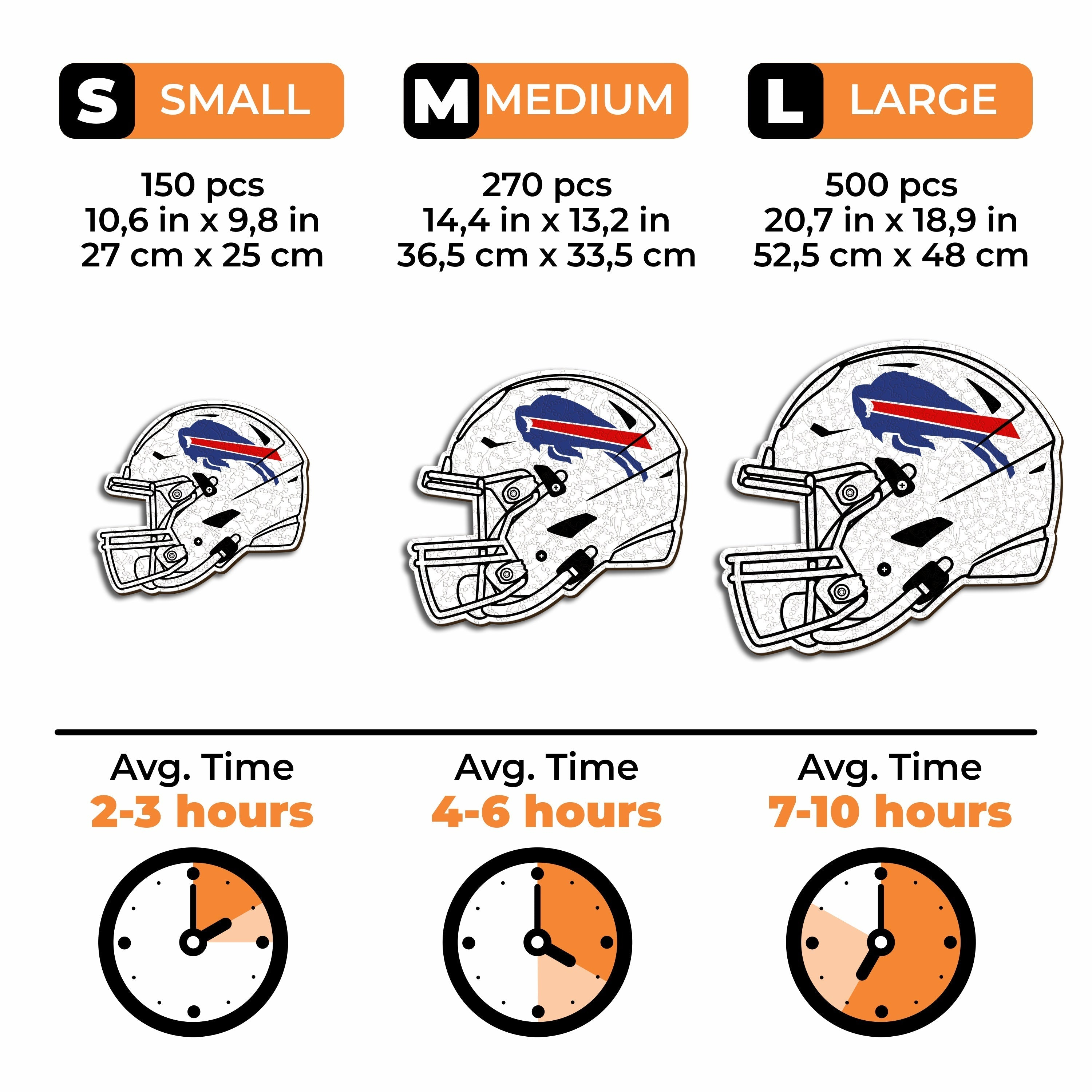 Drei Puzzleteile in Form von Helmen, jeweils mit dem Logo der Buffalo Bills. Größen S, M, L.