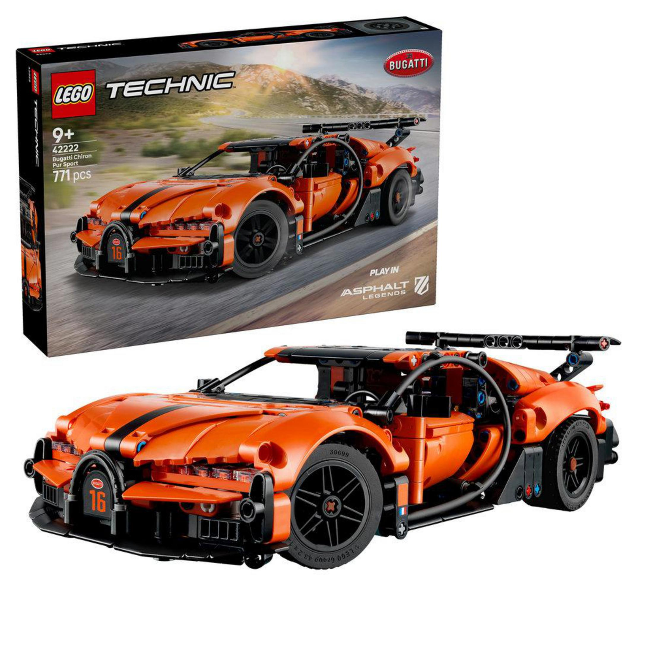 Pomarańczowa replika Lego Bugatti Chiron z czarnymi akcentami.