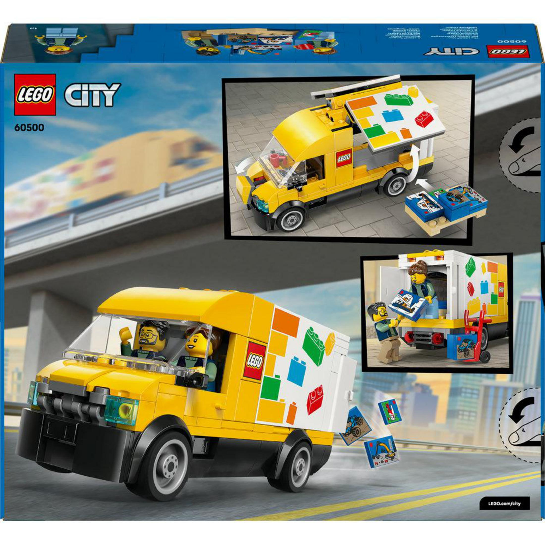 Żółta ciężarówka Lego City z kolorowymi klockami i ludzikami.