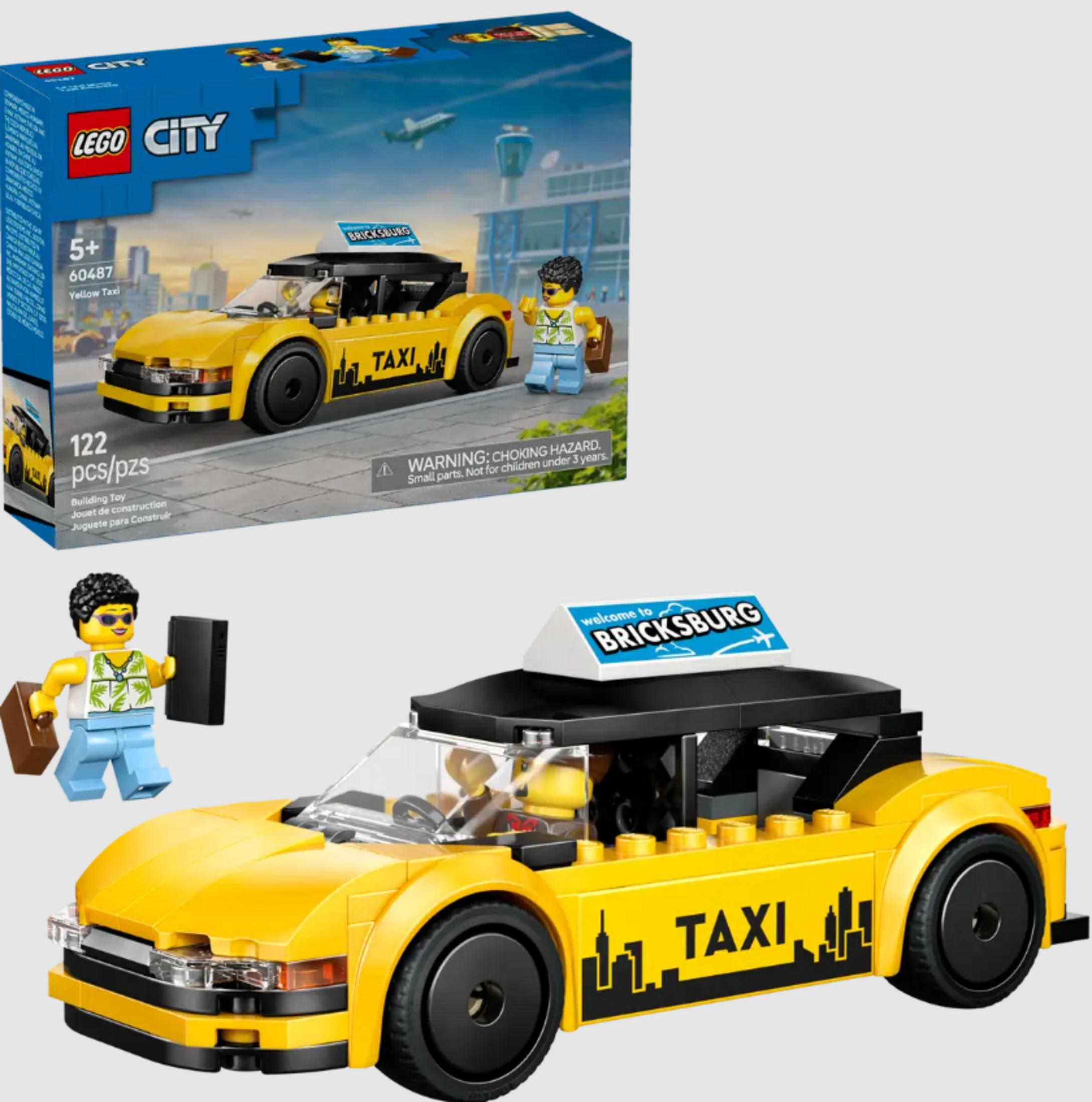 Żółty zestaw konstrukcyjny taksówki Lego z minifigurką i walizką.