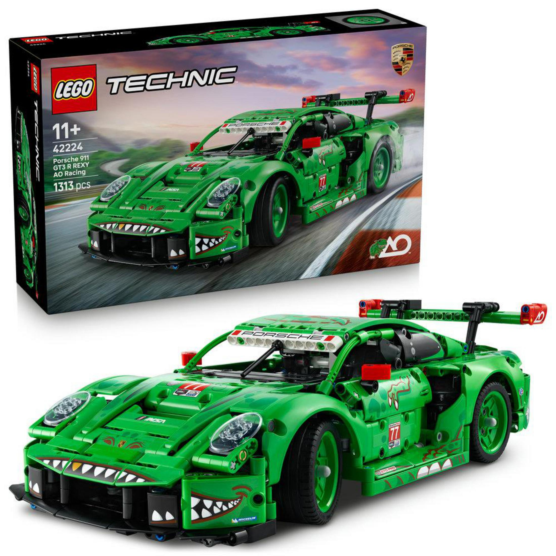 Zielony LEGO Technic Porsche z motywem smoka na torze.