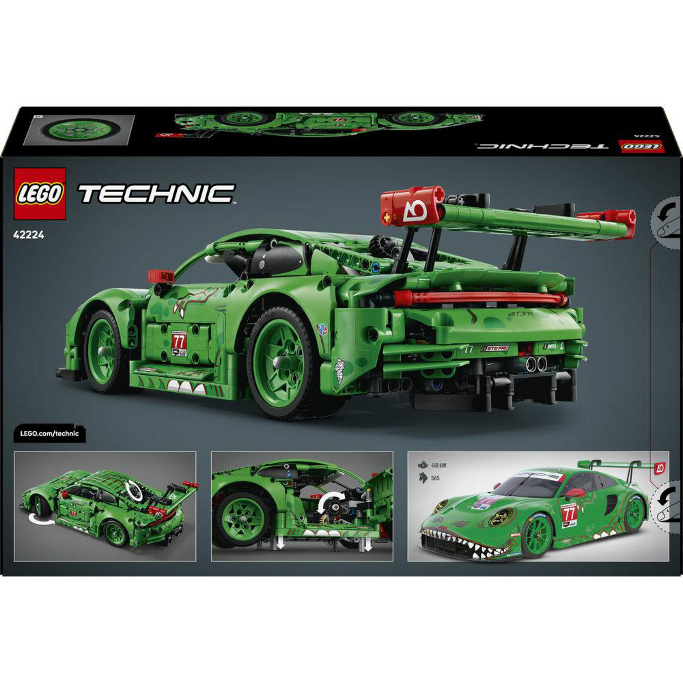 Zielony Porsche LEGO Technic z naklejkami z zębami rekina. Pudełko z trzema widokami.