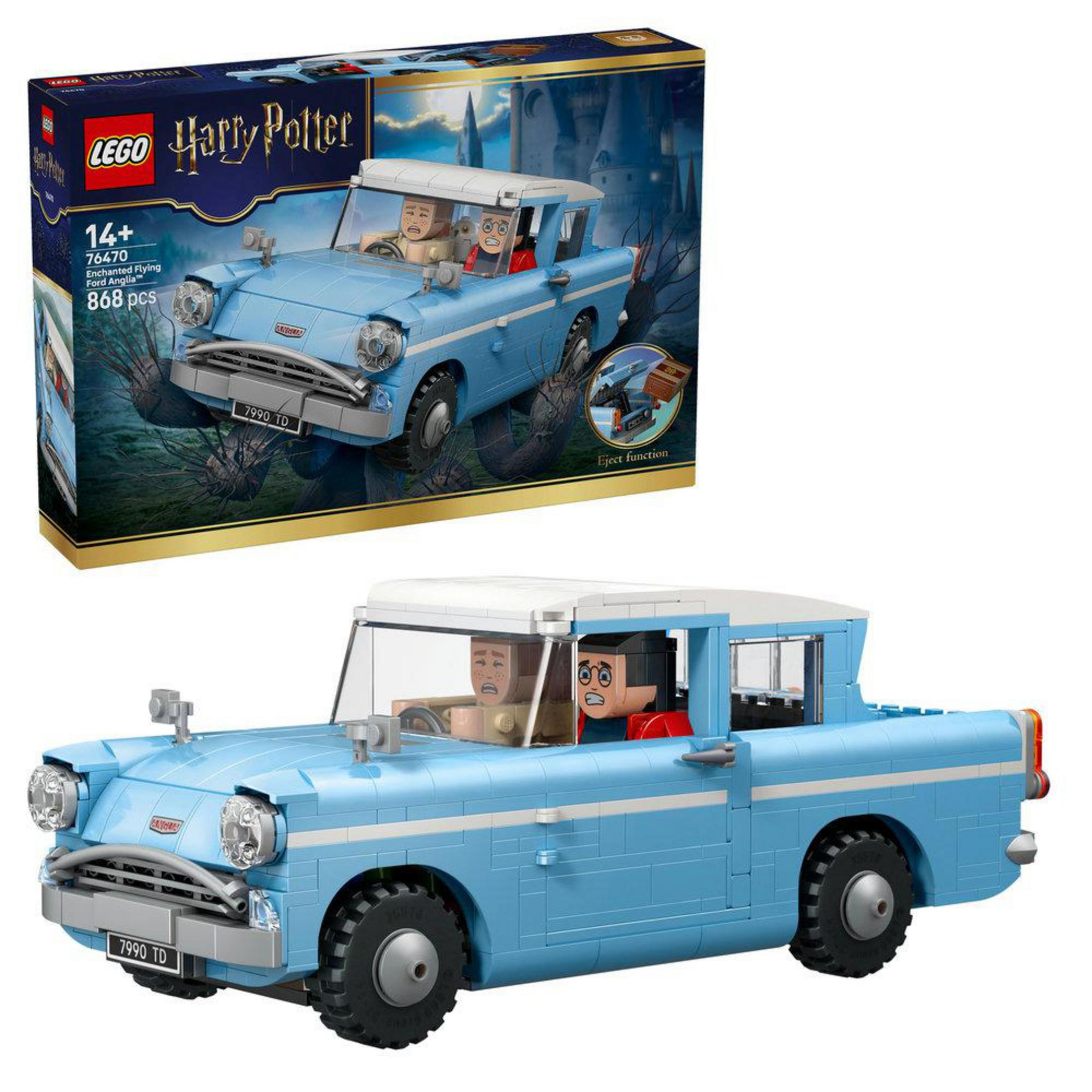 Niebieski samochód Lego Ford Anglia z figurkami i opakowaniem Harry'ego Pottera.