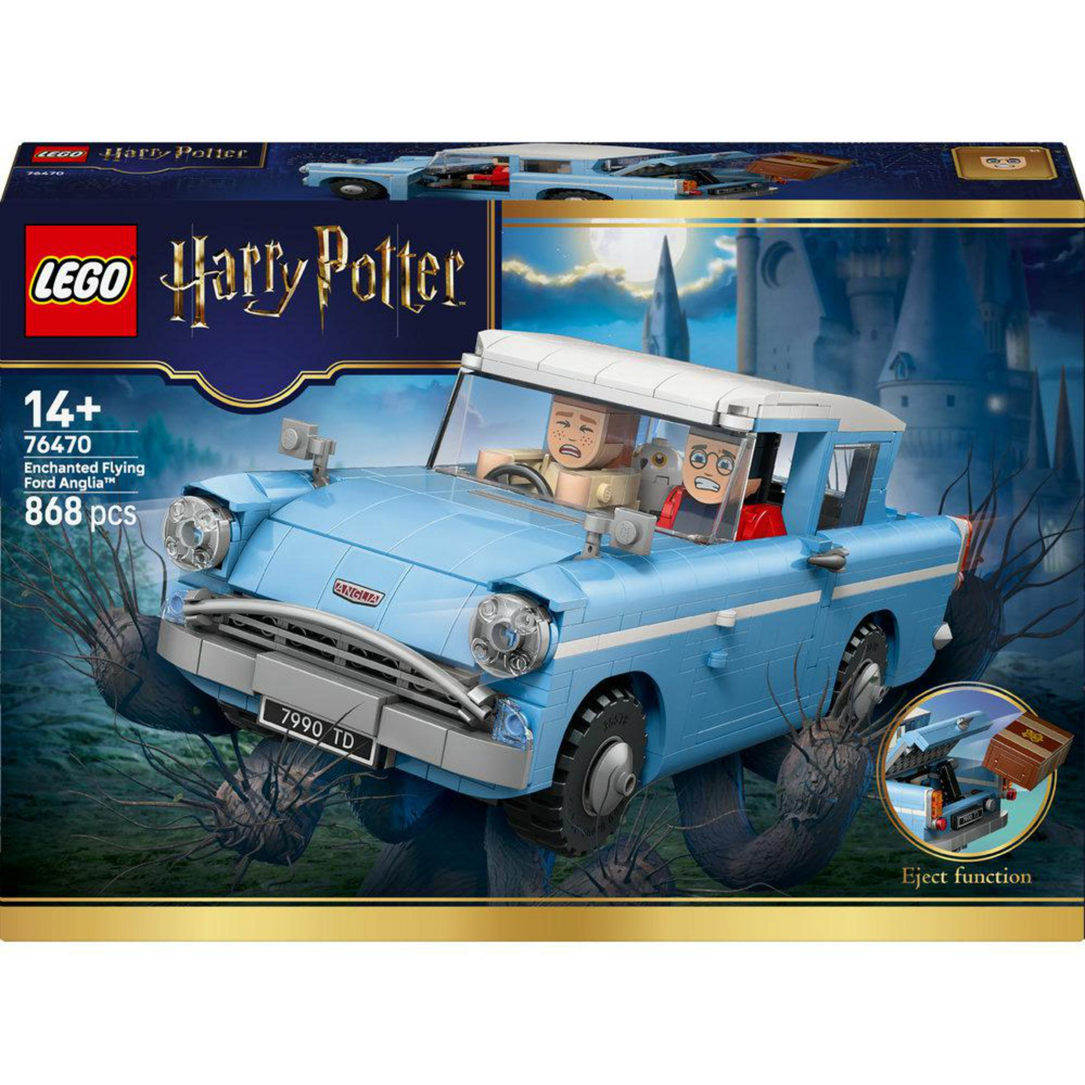 Zestaw LEGO Harry Potter z latającym Fordem Anglią otoczonym przez drzewa.