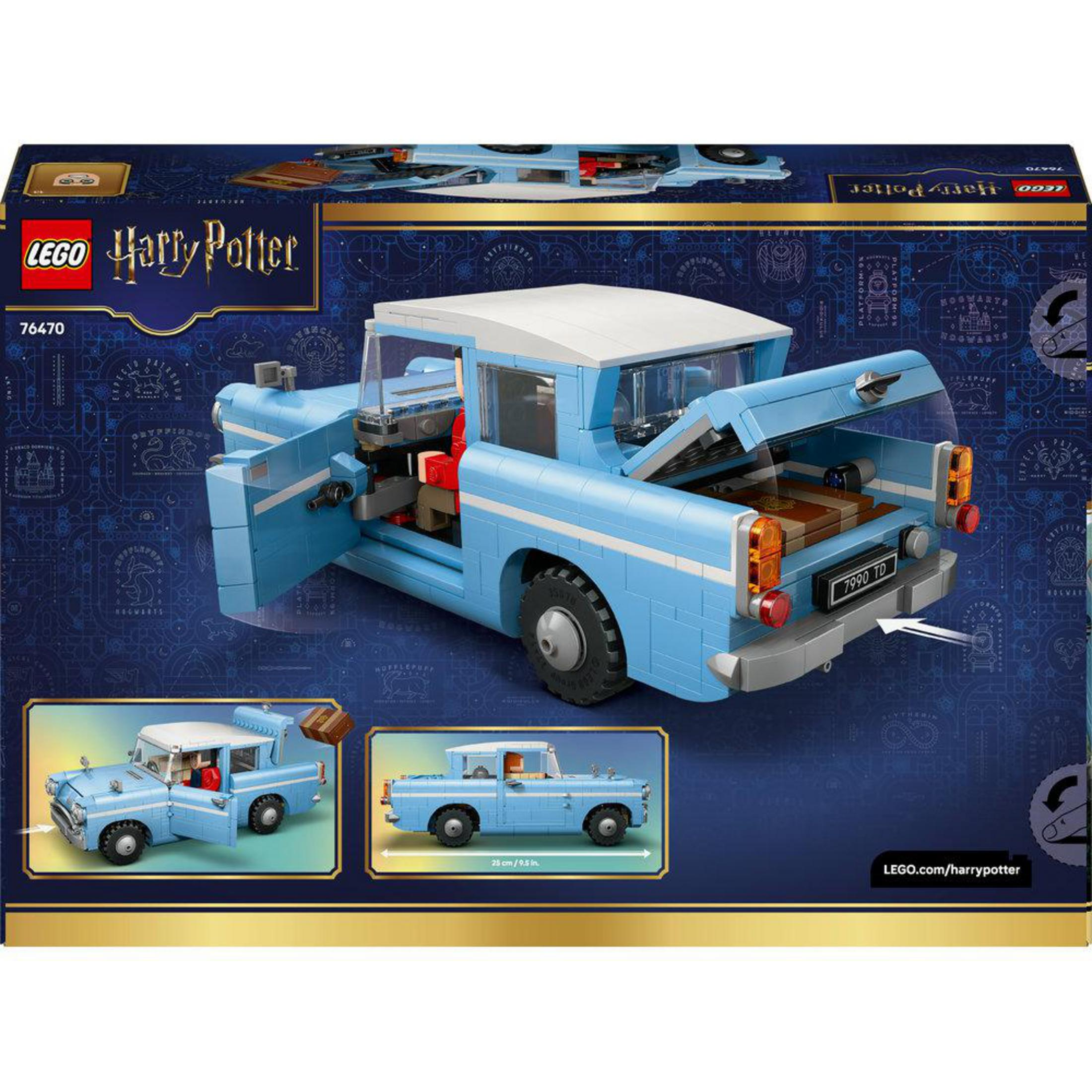 Niebieski Lego Harry Potter Ford Anglia z otwartymi drzwiami i bagażnikiem.