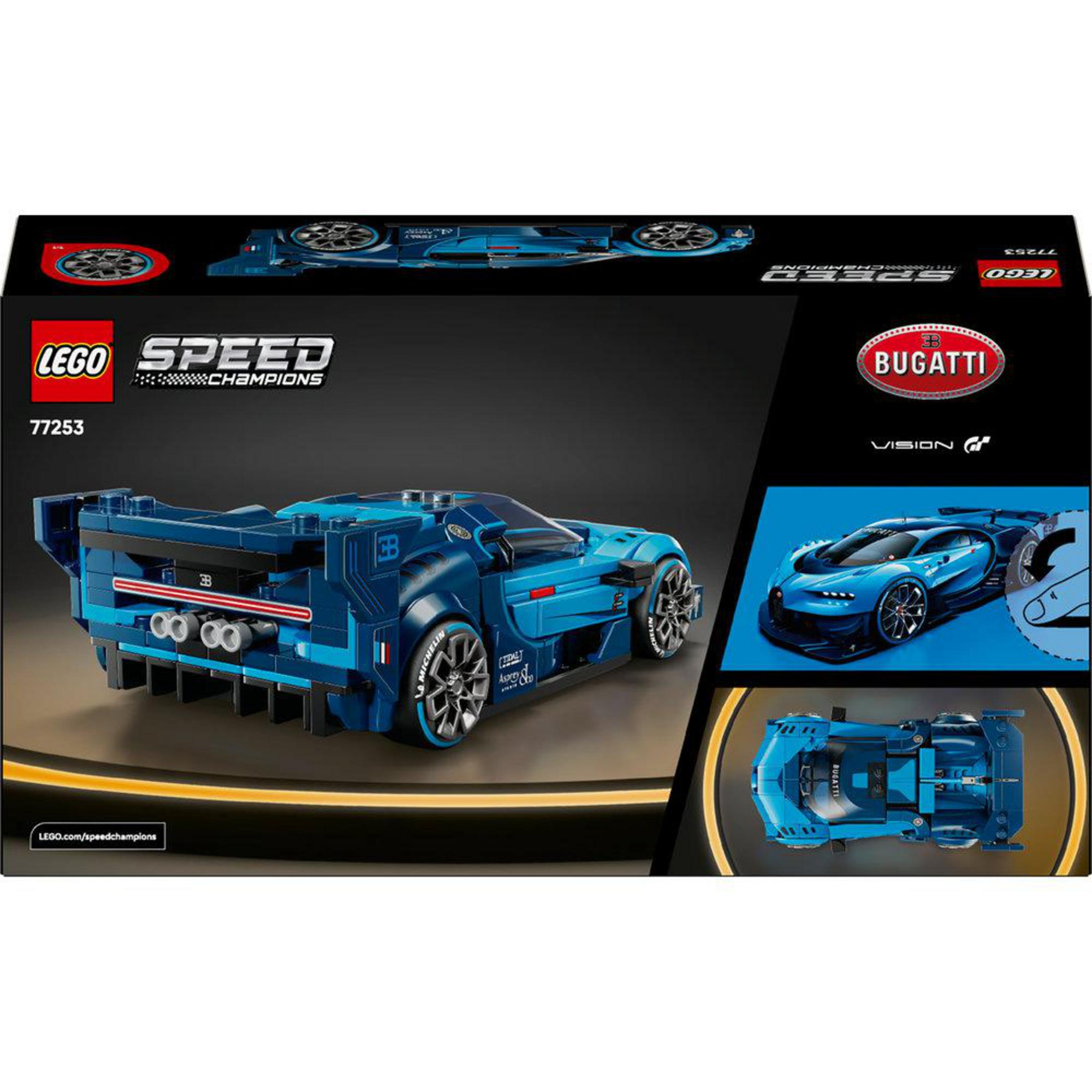 Niebieski LEGO Bugatti Chiron Supersport 300+ z detalami kół i tylnym spojlerem.