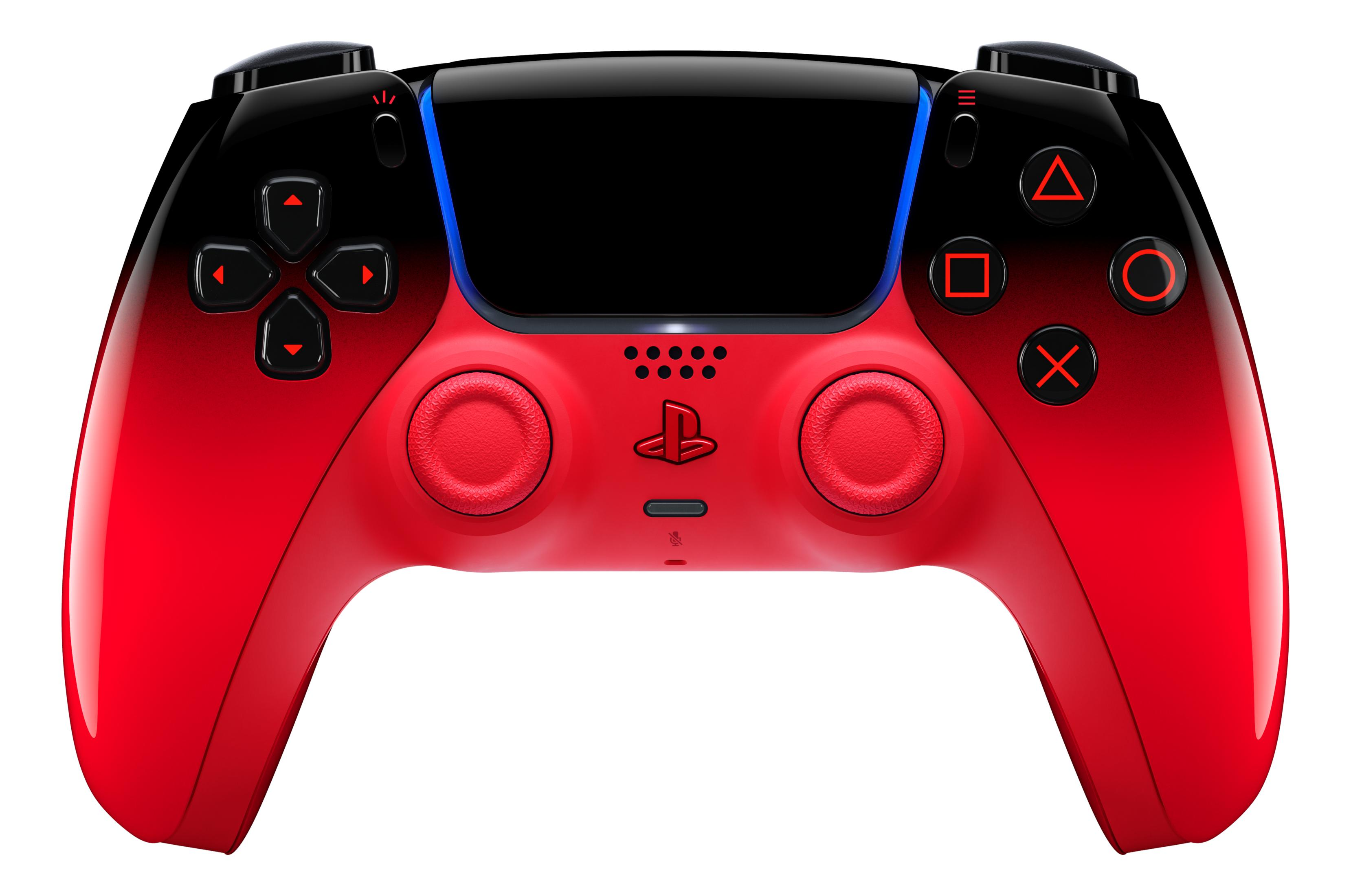 Ein roter und schwarzer Controller mit leuchtenden blauen Akzenten und Symbolen.