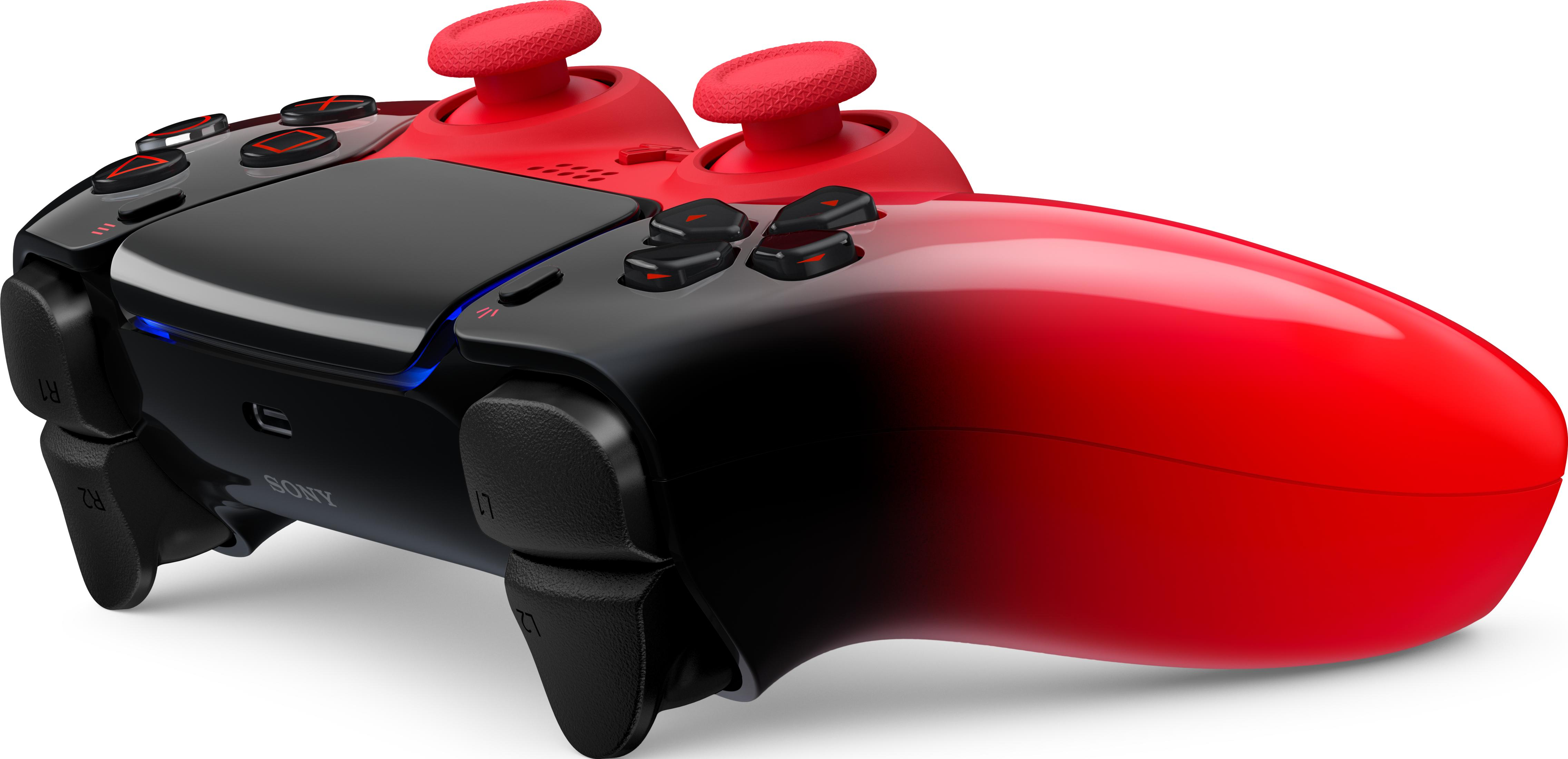 Zwei rote und schwarze Controller mit Joysticks und Tasten.
