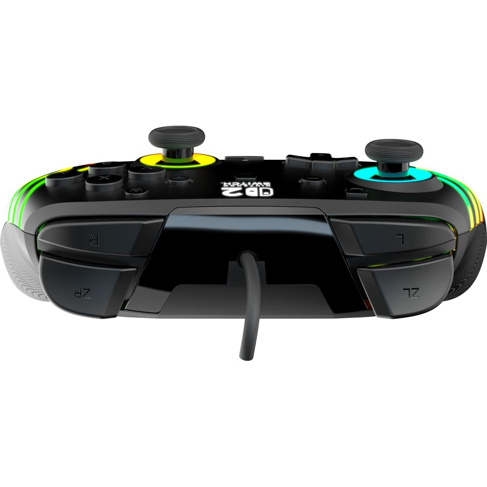 Schwarzer Gaming-Controller mit bunten Lichtern, zwei Joysticks und Knöpfen.