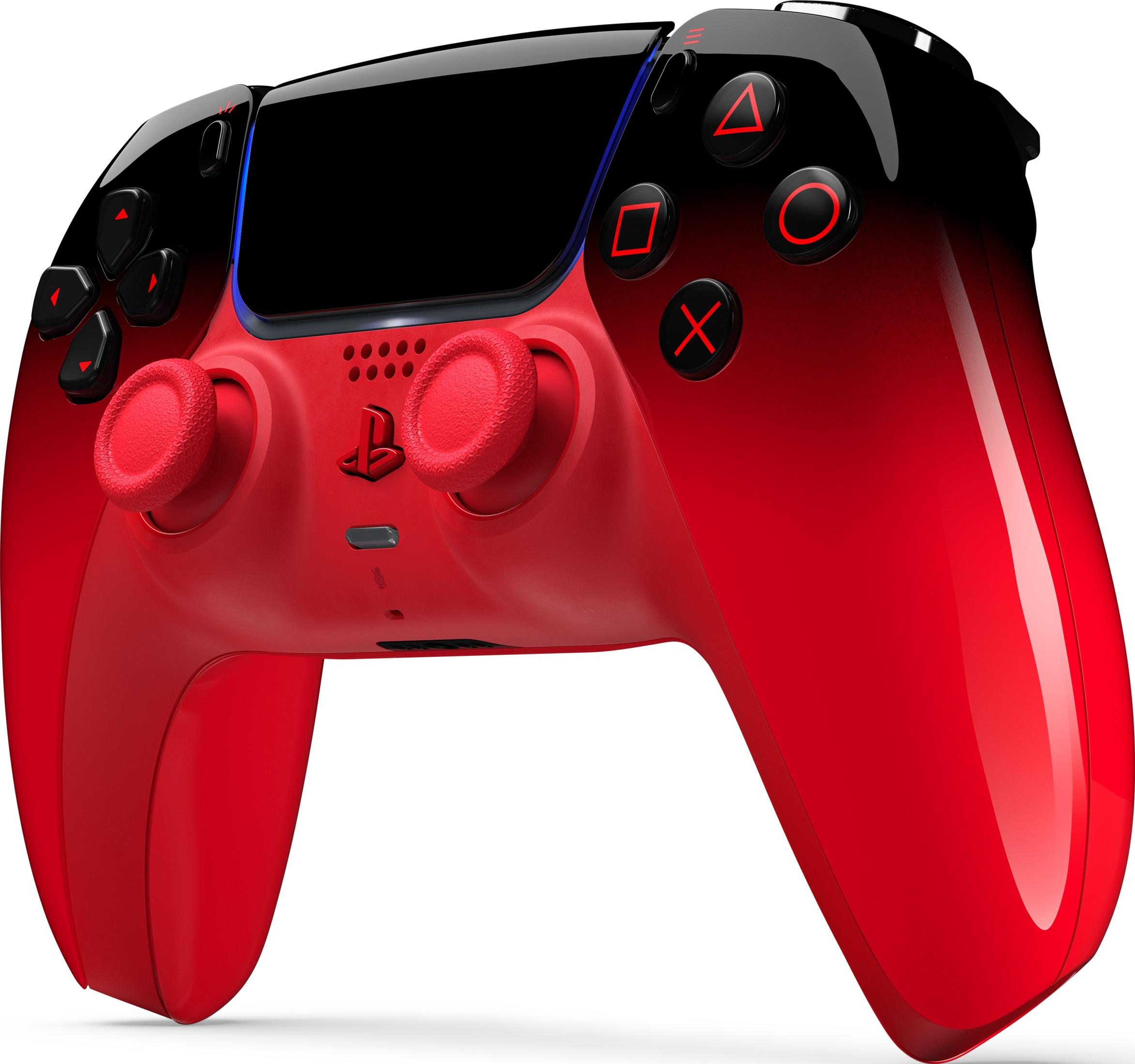 Ein roter und schwarzer Controller mit roten Tasten und Joysticks.
