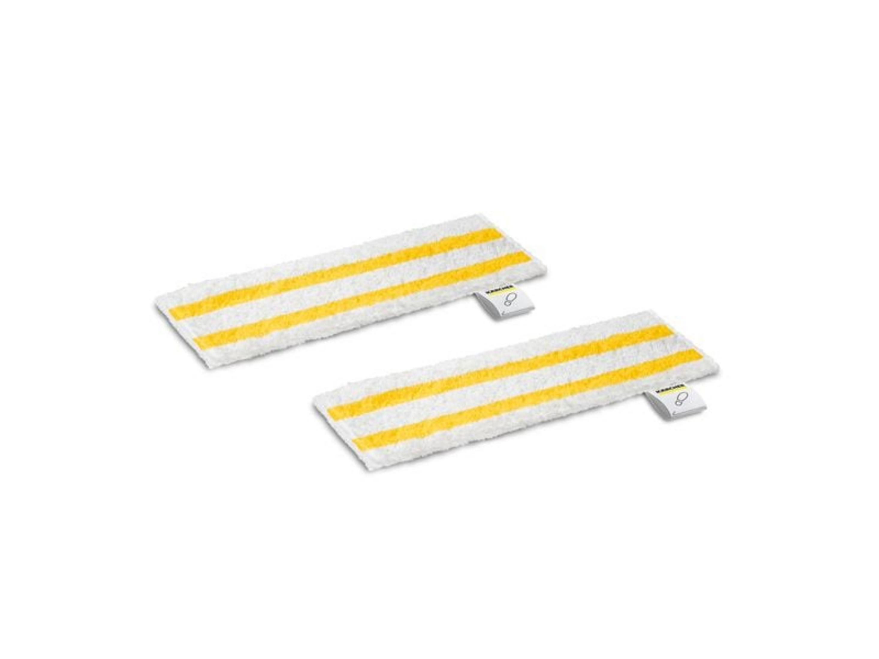 Dwa białe mopy z żółtymi paskami i małą metką.