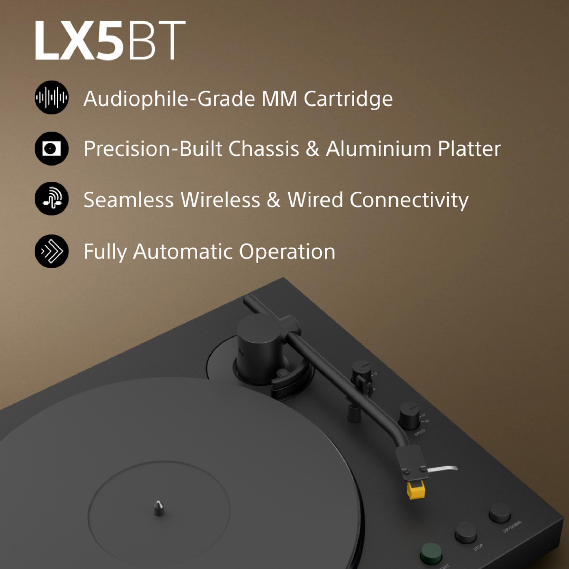 Ein schwarzer Plattenspieler mit dem Titel LX5BT, der Funktionen auflistet.