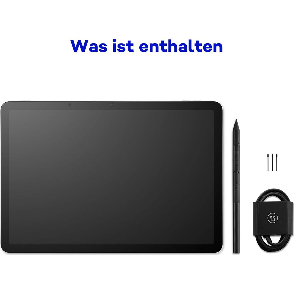 Un tablet nero con stilo, cavo e tre punte di ricambio.