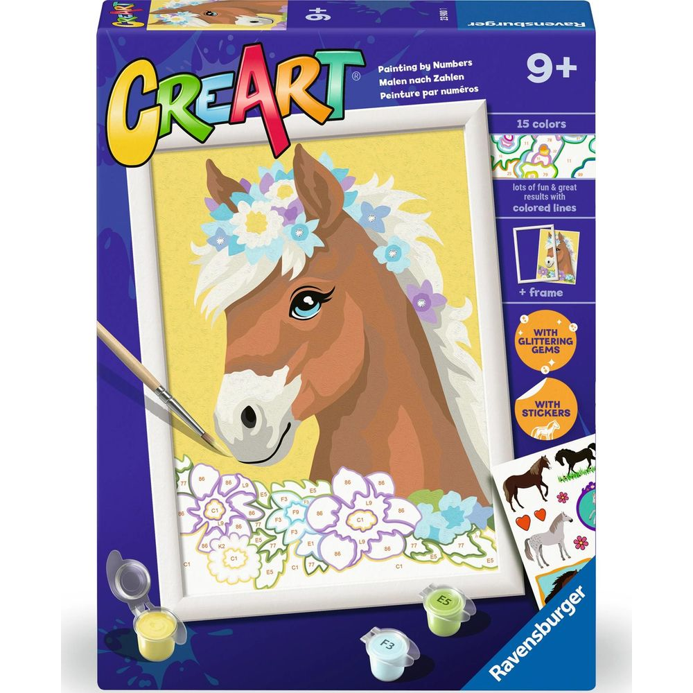 Un kit di pittura per numeri con testa di cavallo marrone e forniture artistiche.