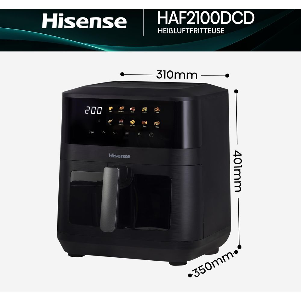 Friggitrice ad aria Hisense nera con display touchscreen e dimensioni.