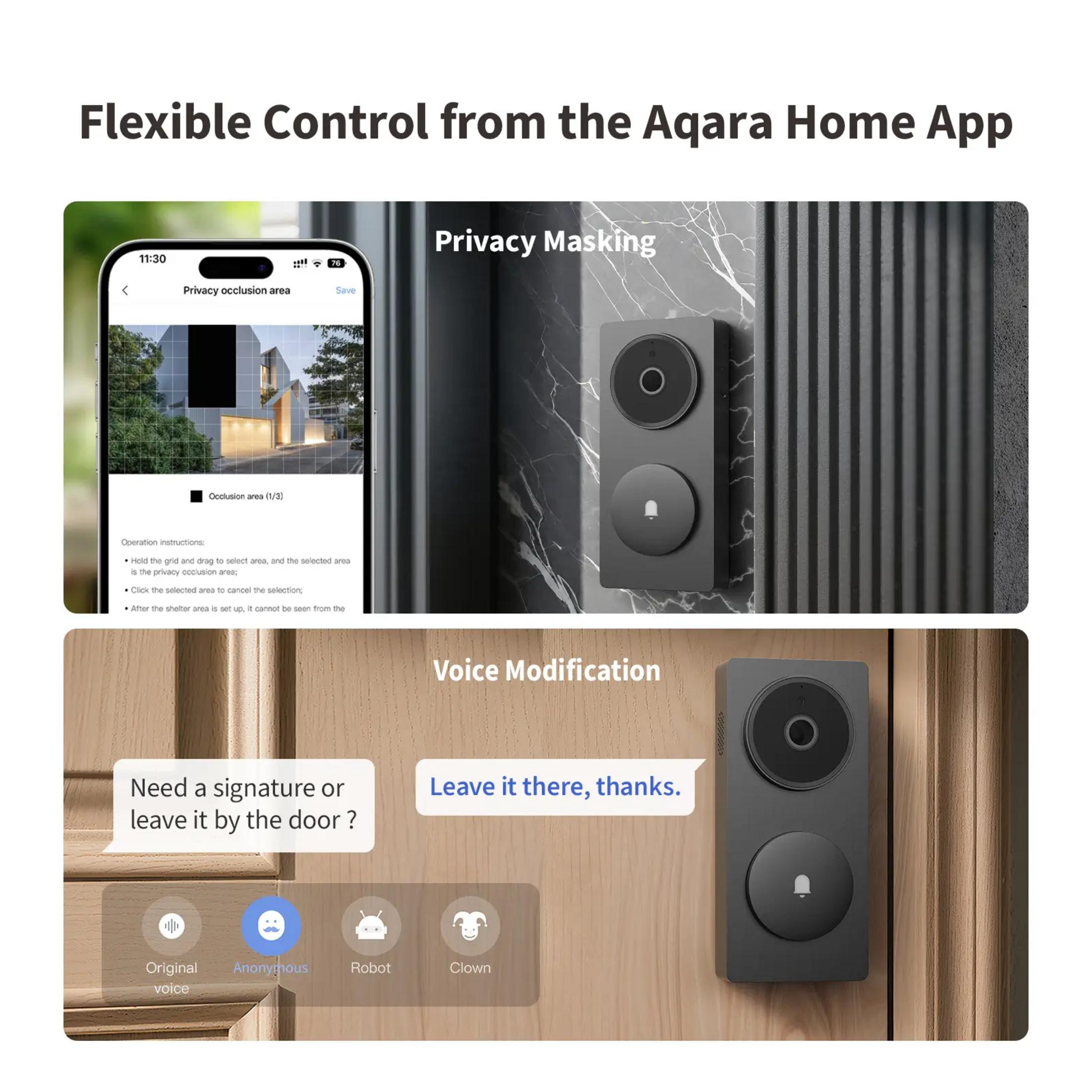Aqara App zeigt Privatsphärenmaskierung und Sprachänderung für eine Türklingel.