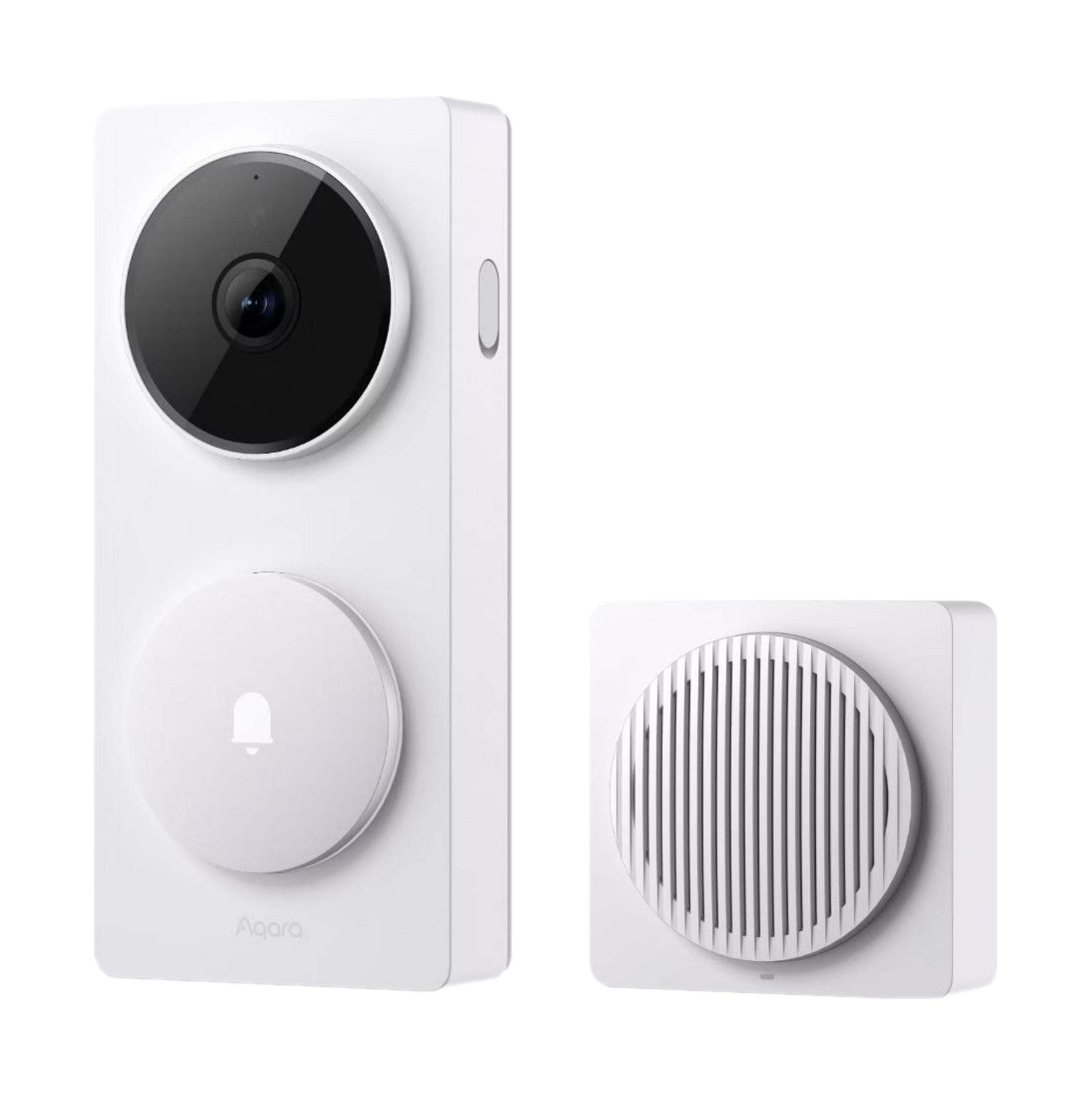 Un set di campanello bianco con telecamera e unità campanello separata.