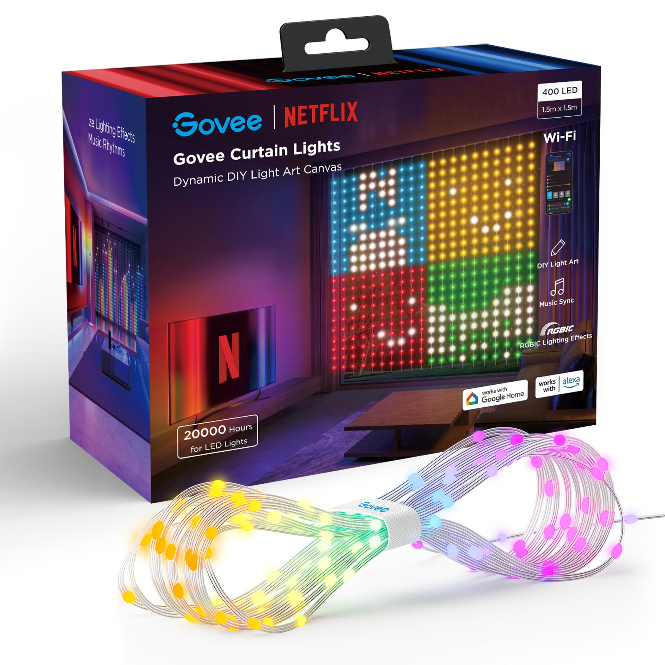 Boîte Govee Netflix Curtain Lights avec lumières LED colorées et une guirlande lumineuse.