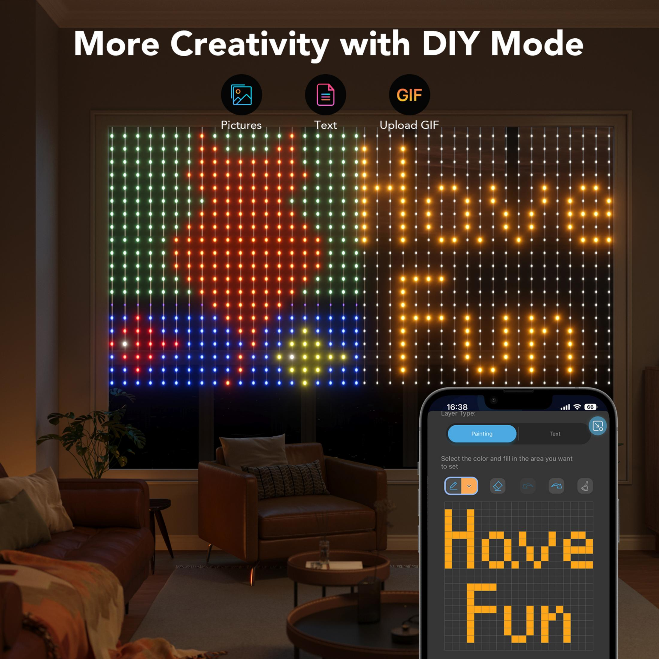Écran LED affiche 'Have Fun' et icônes mode DIY. Une application mobile est visible.