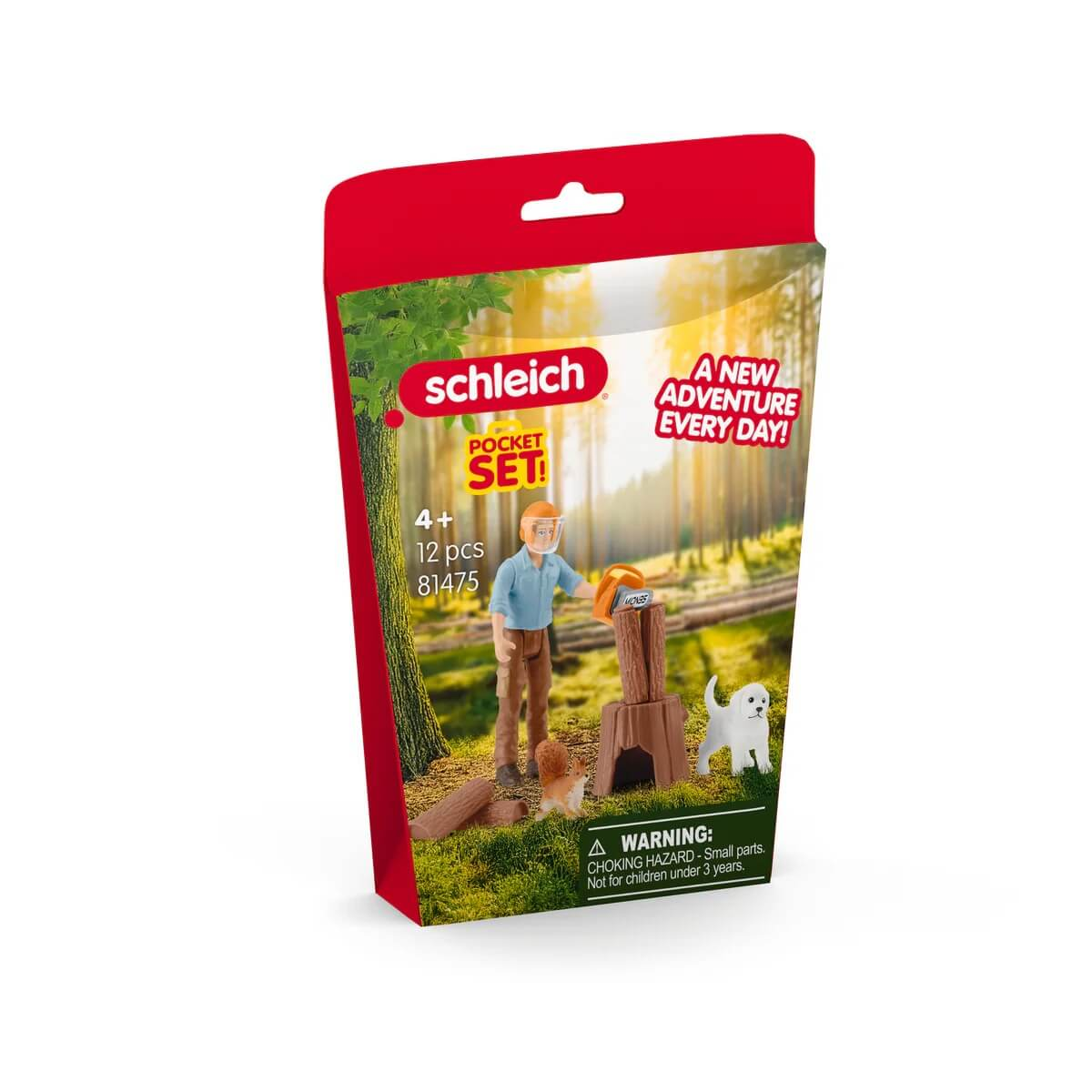 Schleich Pocket Set mit Jungen, Hund, Eichhörnchen und Baumstamm in Waldkulisse.