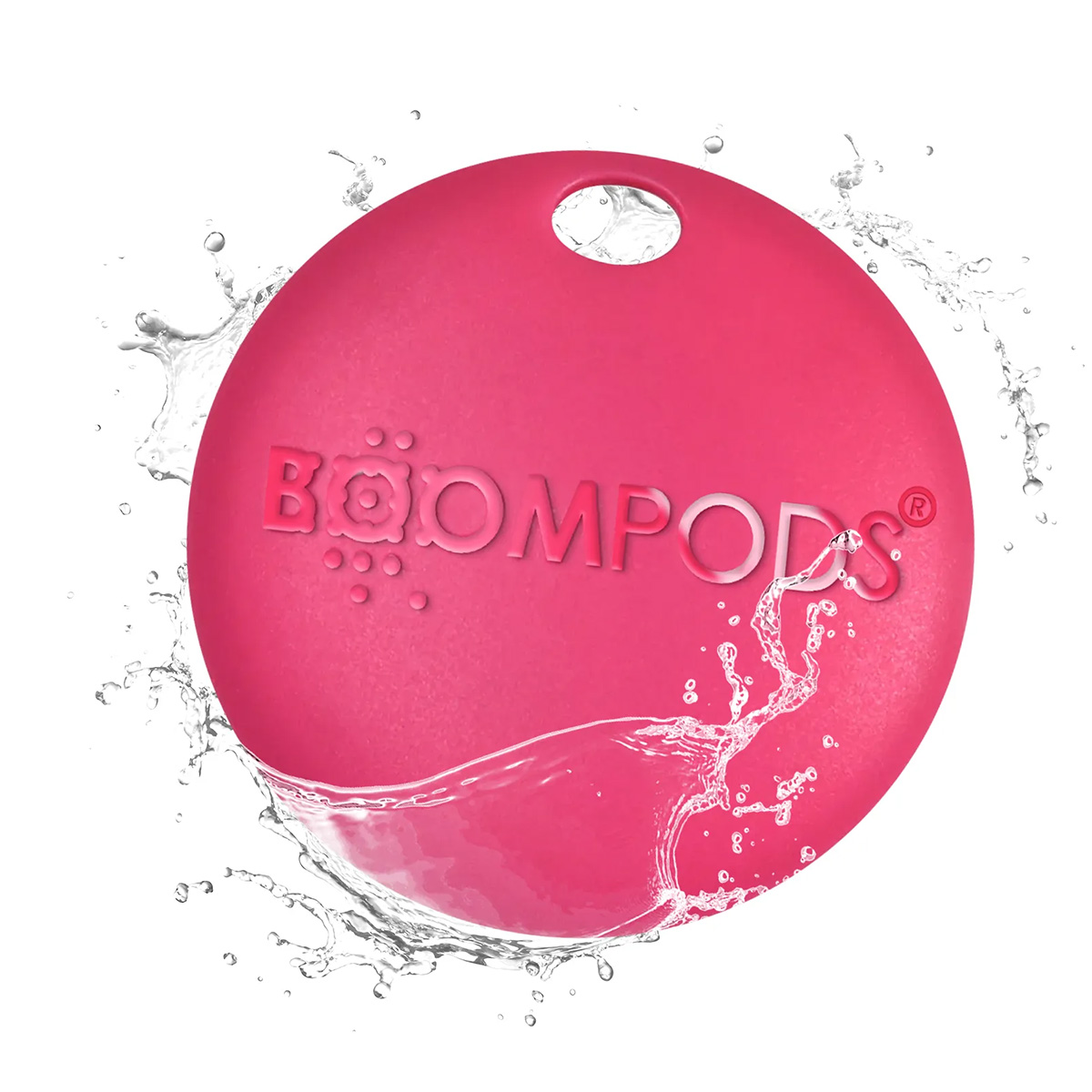 Różowy, okrągły przedmiot z logo BOOMPODS i rozpryskami wody.