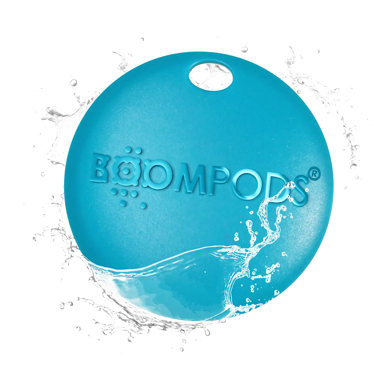 Niebieski, okrągły przedmiot z logo BOOMPODS i rozpryskami wody.