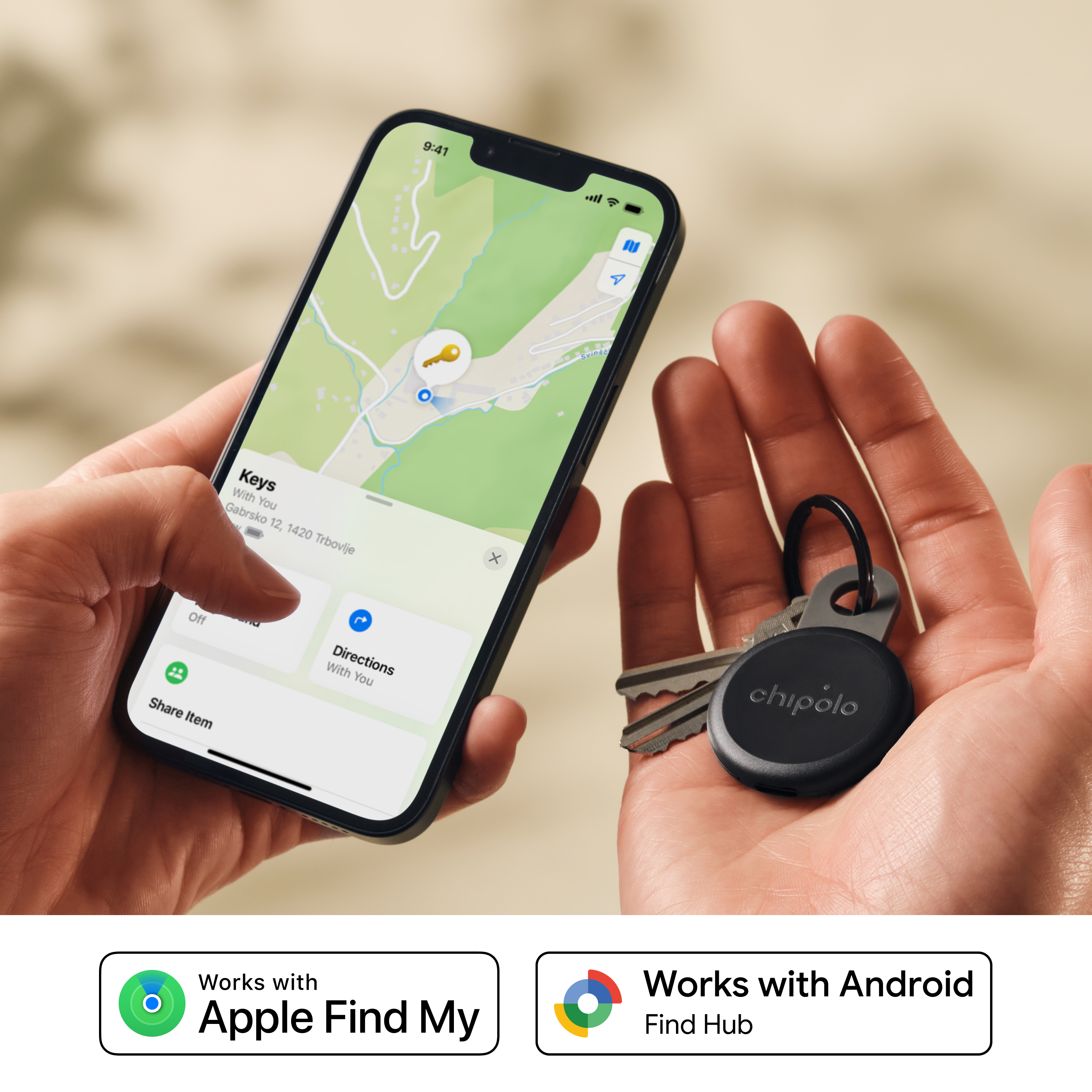 An iPhone displays a map with a key icon. A keychain is held in a hand.