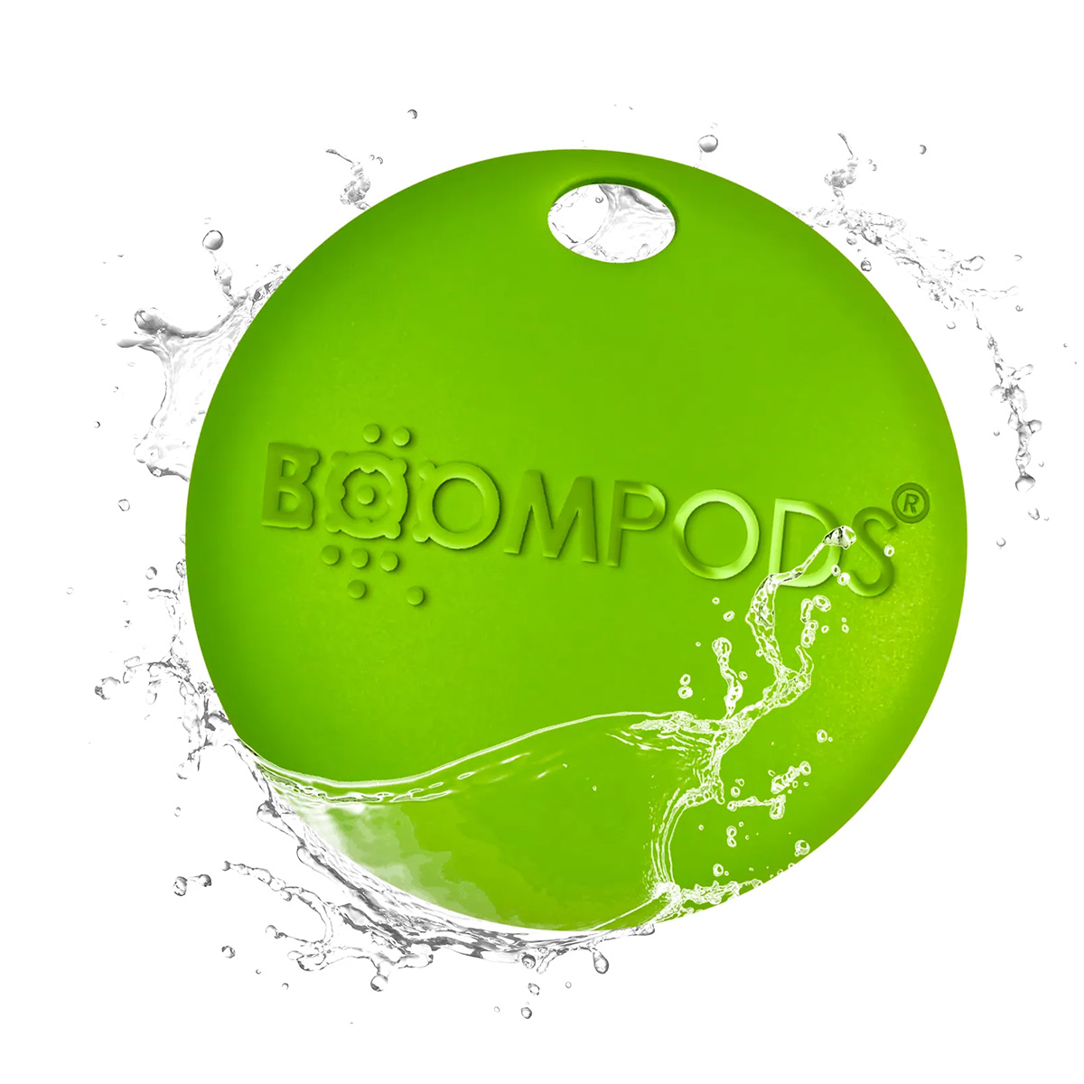 Zielony dysk z rozpryskami wody i napisem BOOMPODS.
