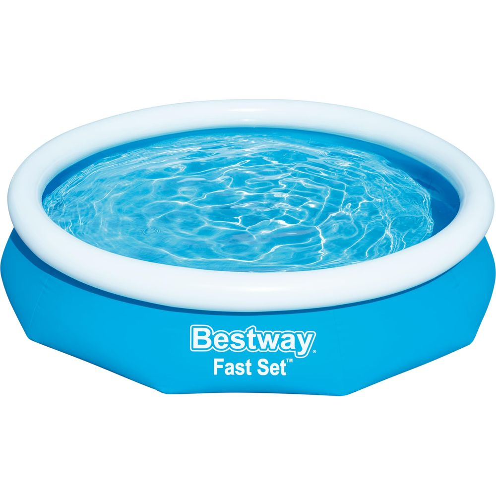 Aufblasbarer blauer Pool mit weißem Rand, gefüllt mit klarem Wasser.